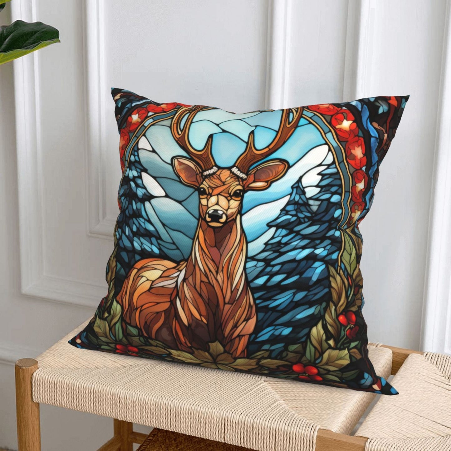 Christmas Throw Pillow Covers 18x18 inch Set of 4 Santa Deer Winter Holiday Pillow Cases Stained Glass Painting Decorative Cushion Covers