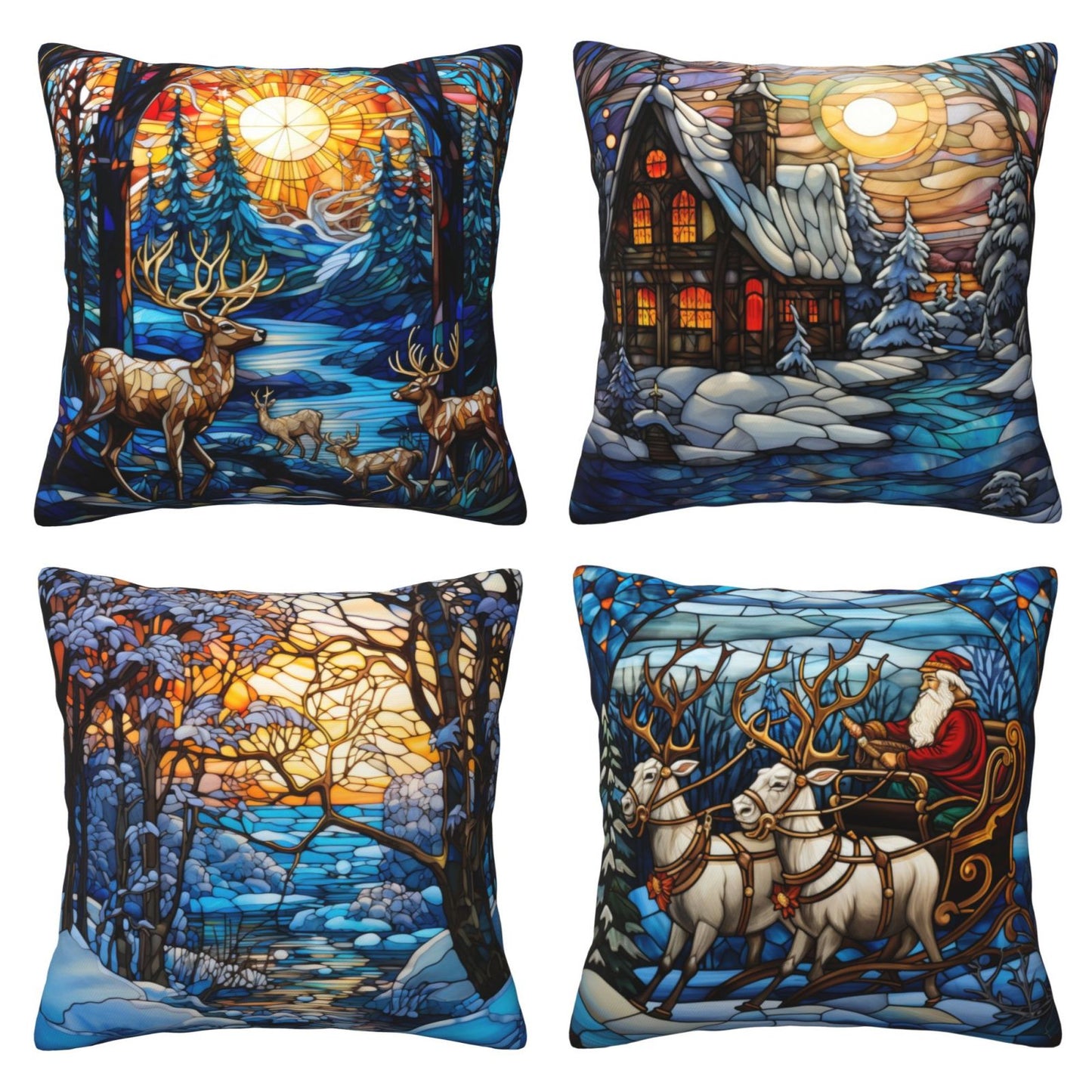 Christmas Throw Pillow Covers 18x18 inch Set of 4 Santa Deer Winter Holiday Pillow Cases Stained Glass Painting Decorative Cushion Covers