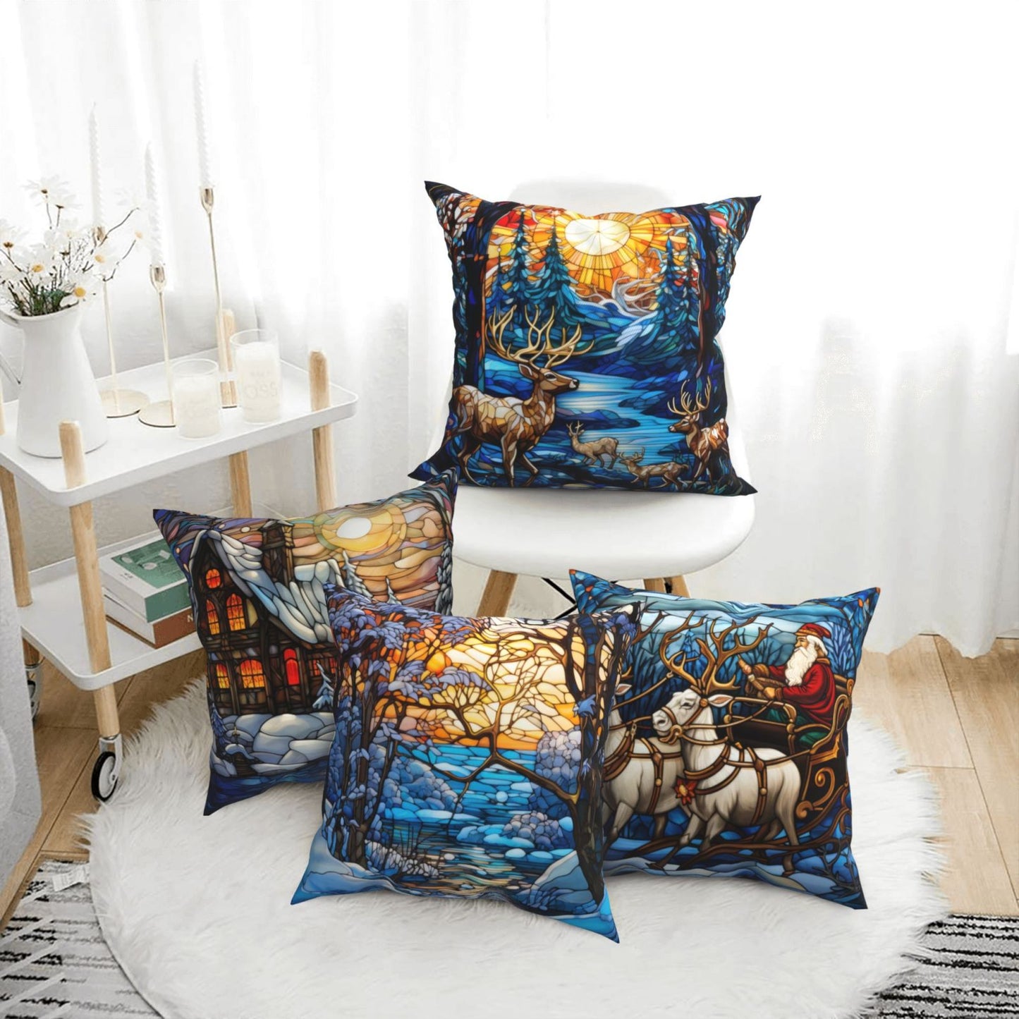 Christmas Throw Pillow Covers 18x18 inch Set of 4 Santa Deer Winter Holiday Pillow Cases Stained Glass Painting Decorative Cushion Covers