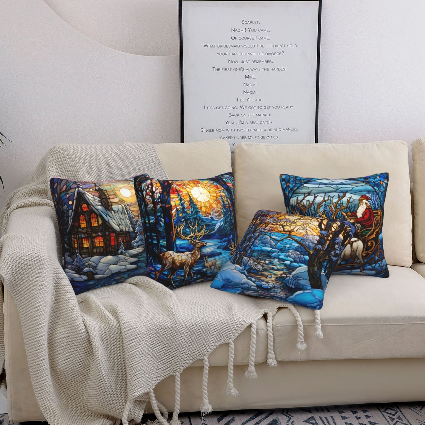 Christmas Throw Pillow Covers 18x18 inch Set of 4 Santa Deer Winter Holiday Pillow Cases Stained Glass Painting Decorative Cushion Covers