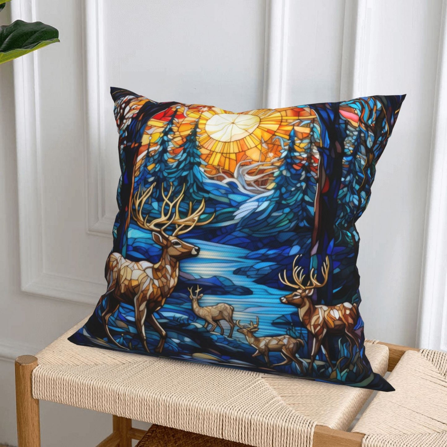 Christmas Throw Pillow Covers 18x18 inch Set of 4 Santa Deer Winter Holiday Pillow Cases Stained Glass Painting Decorative Cushion Covers