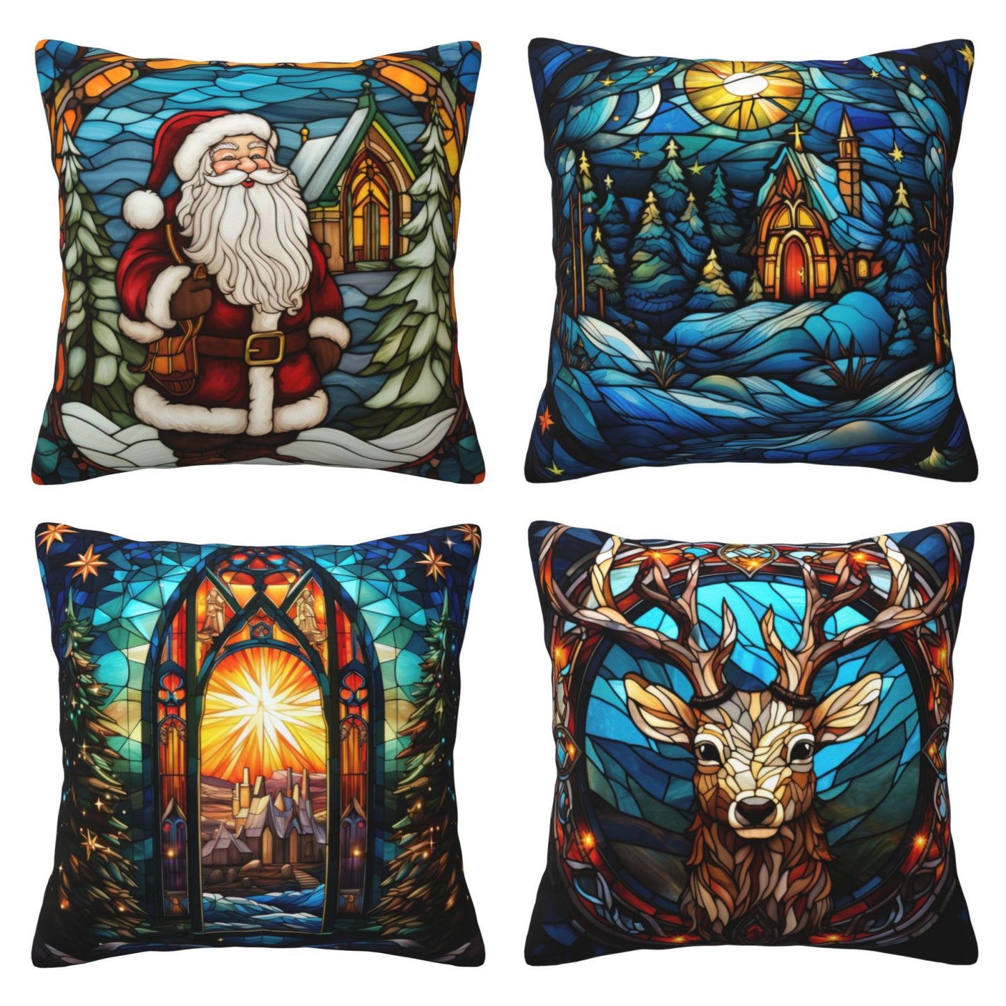 Christmas Throw Pillow Covers 18x18 inch Set of 4 Santa Deer Winter Holiday Pillow Cases Stained Glass Painting Decorative Cushion Covers
