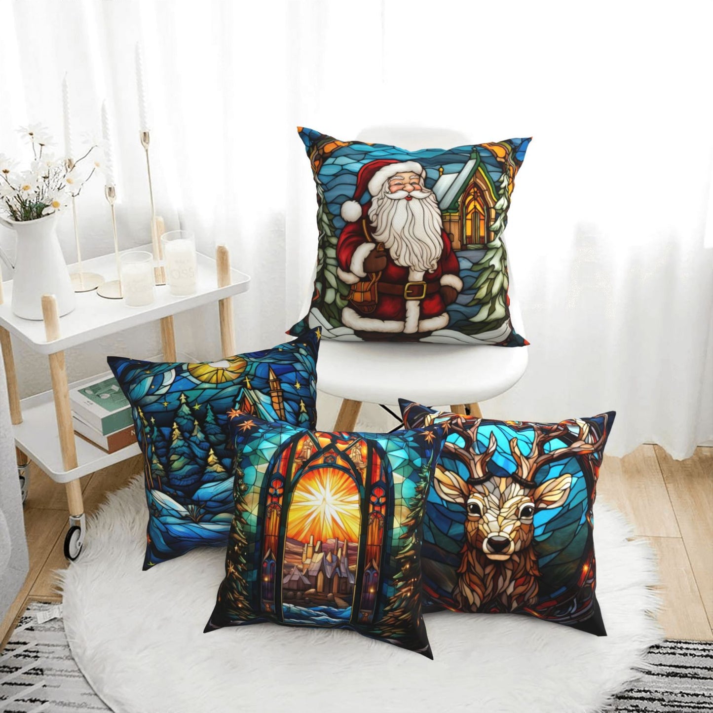 Christmas Throw Pillow Covers 18x18 inch Set of 4 Santa Deer Winter Holiday Pillow Cases Stained Glass Painting Decorative Cushion Covers