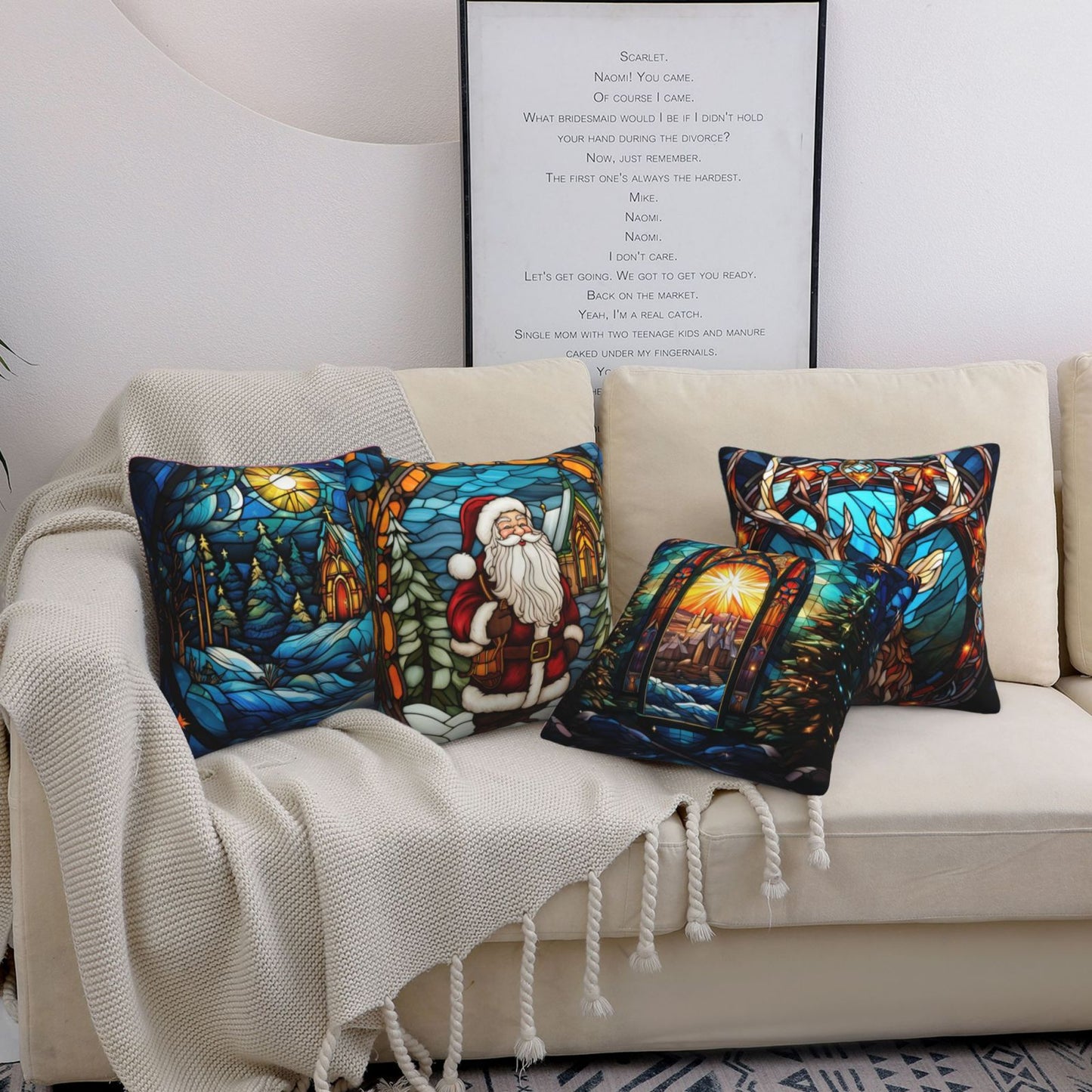 Christmas Throw Pillow Covers 18x18 inch Set of 4 Santa Deer Winter Holiday Pillow Cases Stained Glass Painting Decorative Cushion Covers