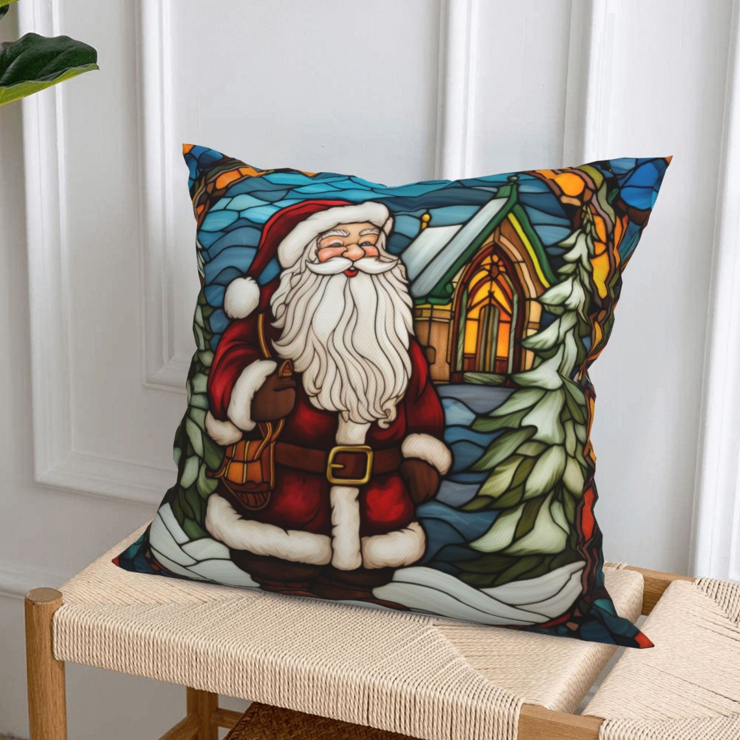 Christmas Throw Pillow Covers 18x18 inch Set of 4 Santa Deer Winter Holiday Pillow Cases Stained Glass Painting Decorative Cushion Covers