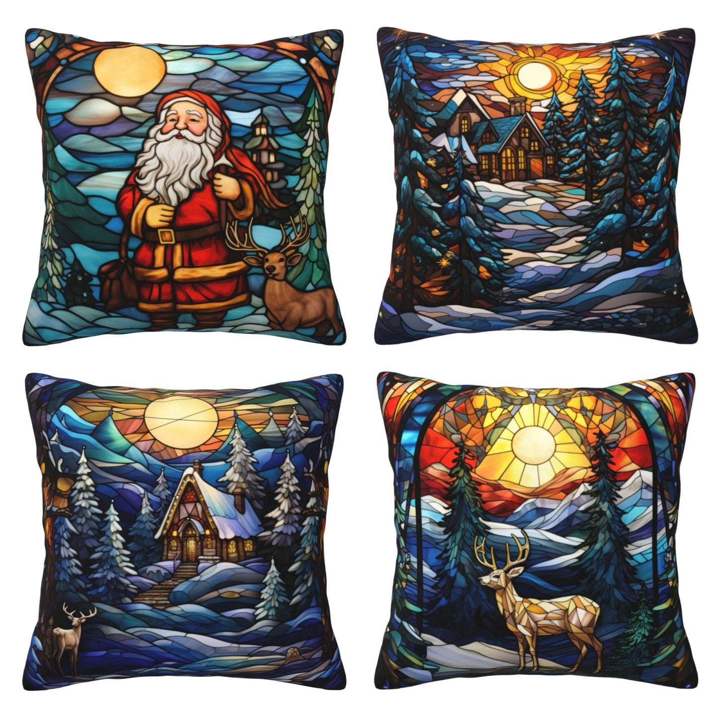 Christmas Throw Pillow Covers 18x18 inch Set of 4 Santa Deer Winter Holiday Pillow Cases Stained Glass Painting Decorative Cushion Covers
