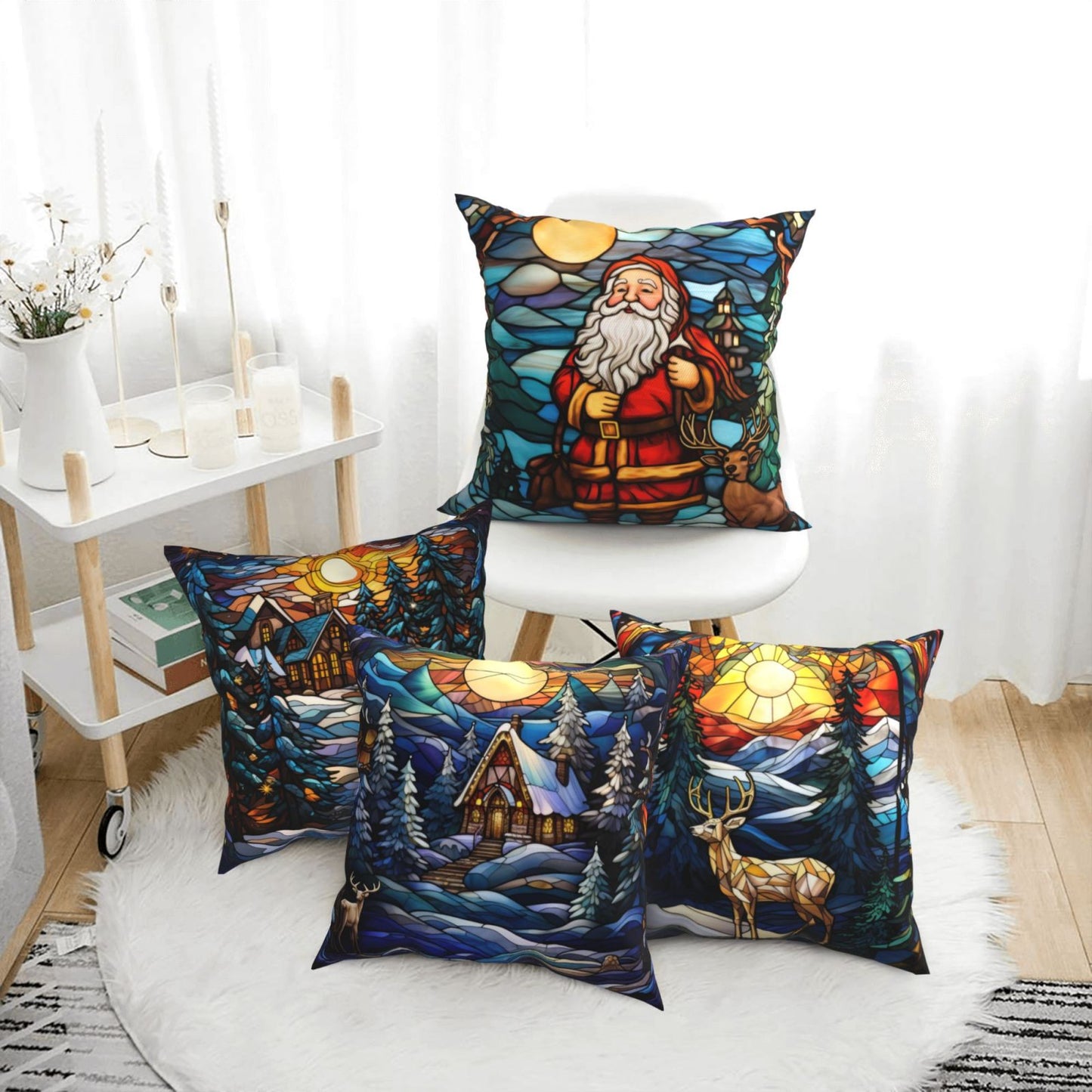 Christmas Throw Pillow Covers 18x18 inch Set of 4 Santa Deer Winter Holiday Pillow Cases Stained Glass Painting Decorative Cushion Covers