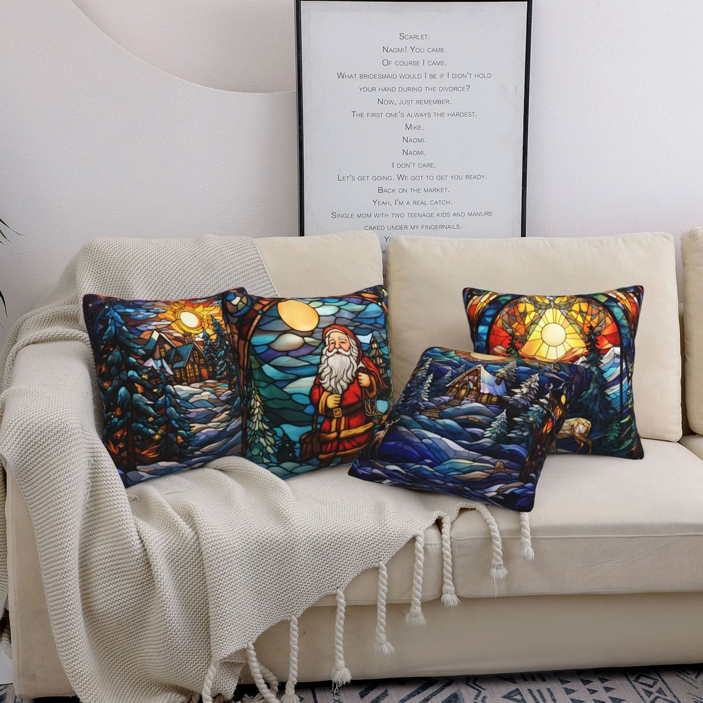 Christmas Throw Pillow Covers 18x18 inch Set of 4 Santa Deer Winter Holiday Pillow Cases Stained Glass Painting Decorative Cushion Covers