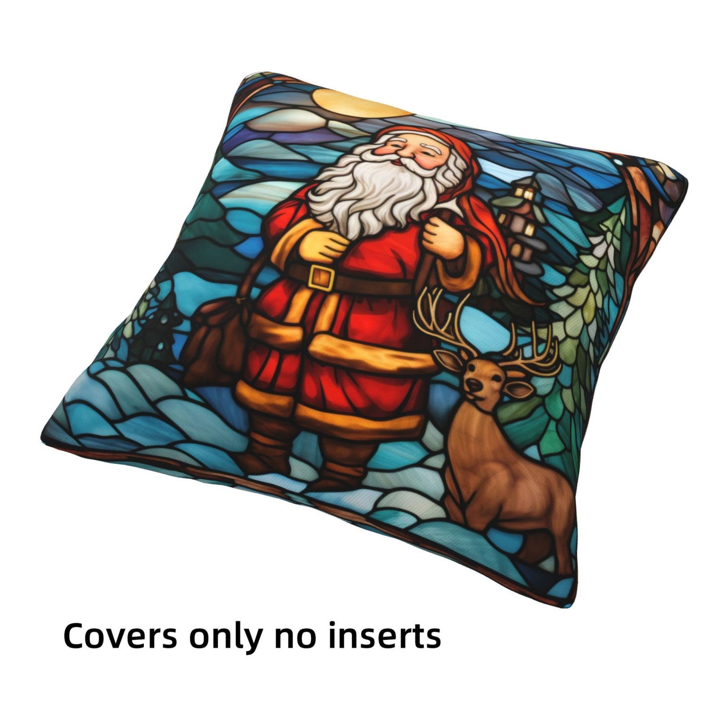 Christmas Throw Pillow Covers 18x18 inch Set of 4 Santa Deer Winter Holiday Pillow Cases Stained Glass Painting Decorative Cushion Covers