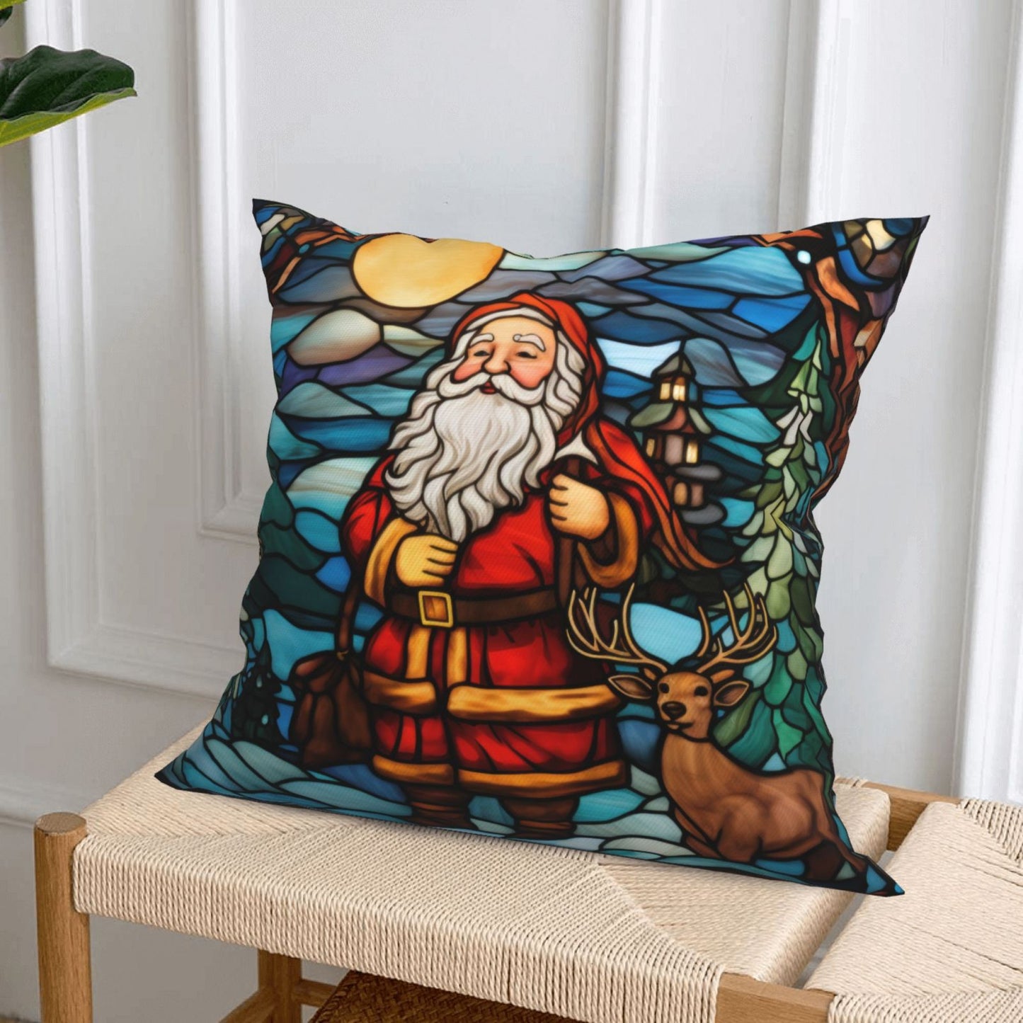 Christmas Throw Pillow Covers 18x18 inch Set of 4 Santa Deer Winter Holiday Pillow Cases Stained Glass Painting Decorative Cushion Covers