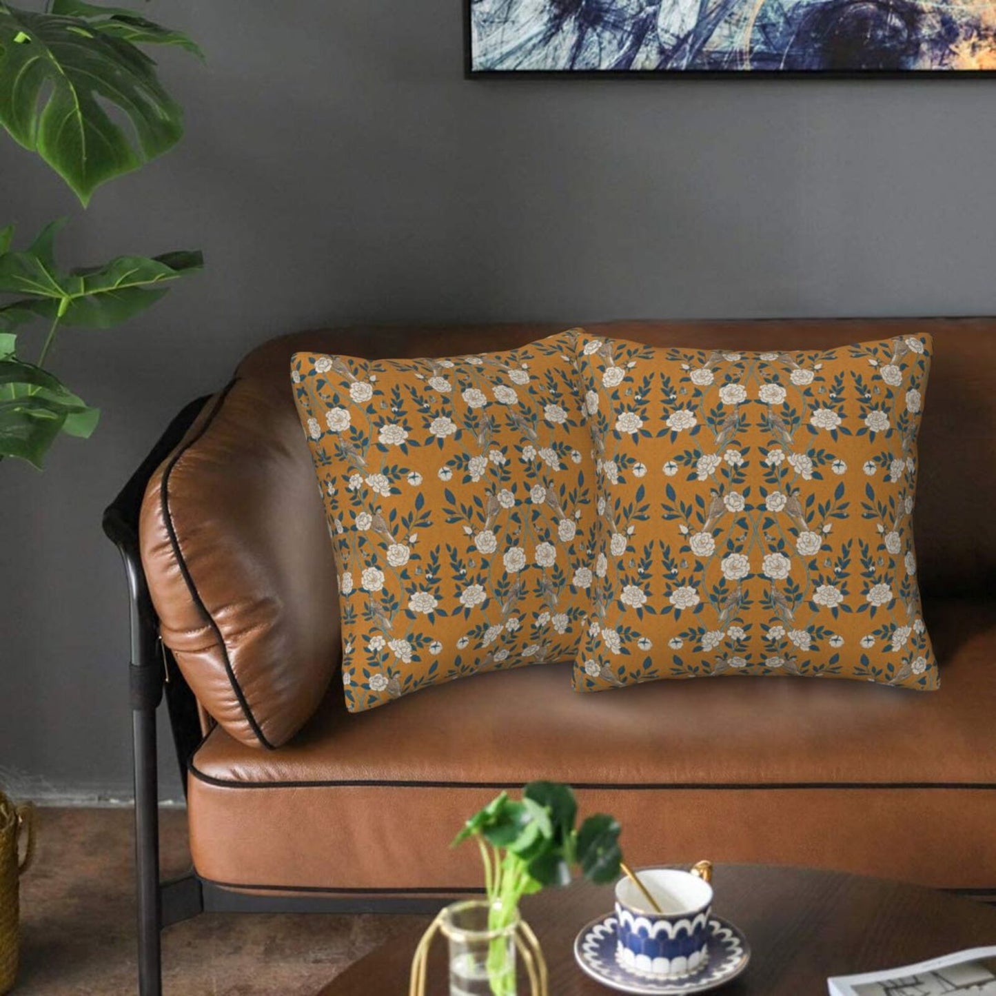 Floral Throw Pillow Covers 18x18 inch Set of 2 Vintage Flower Decorative Cushion Covers