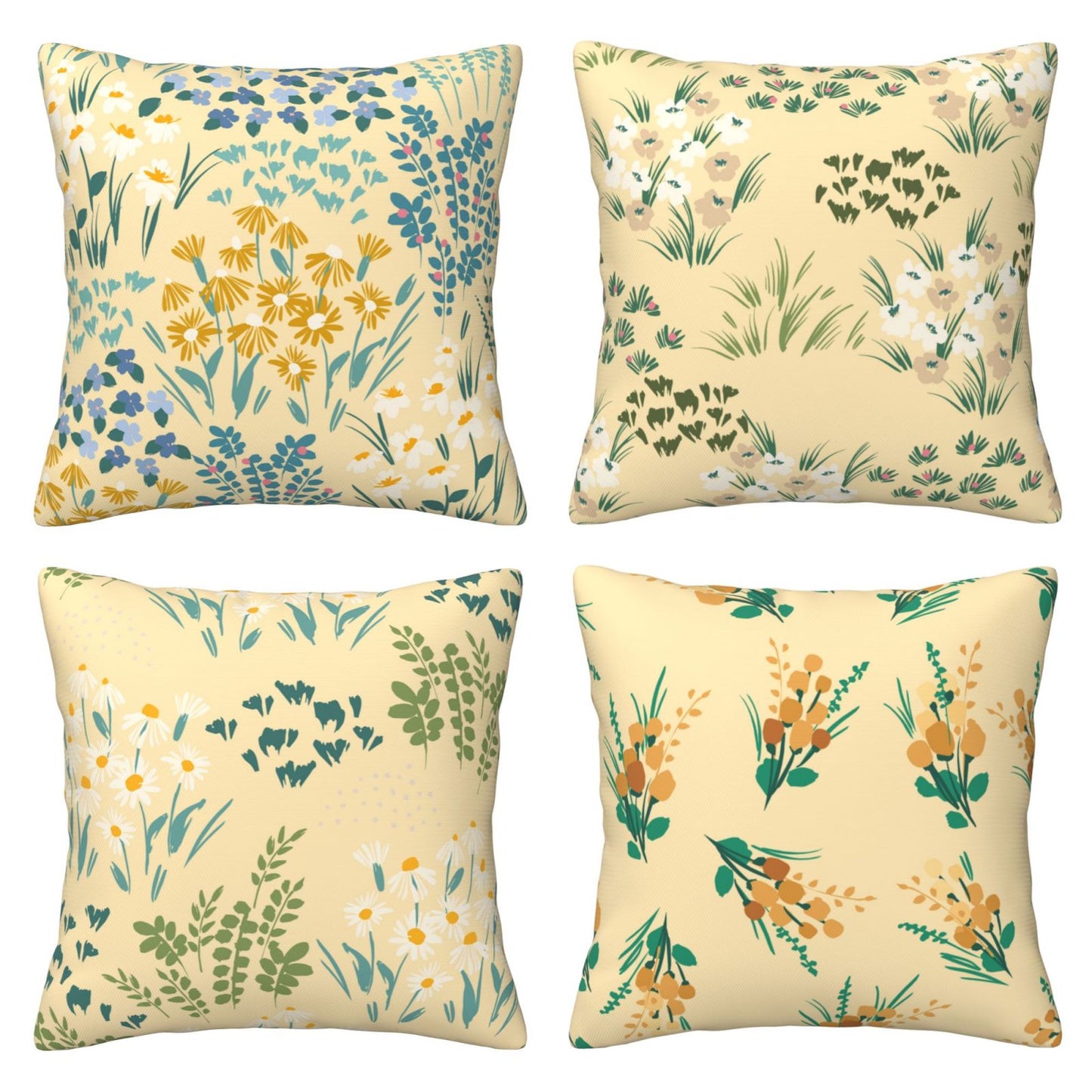 Floral Throw Pillow Covers 18x18 inch Set of 4 Meadow Botanical Decorative Cushion Covers