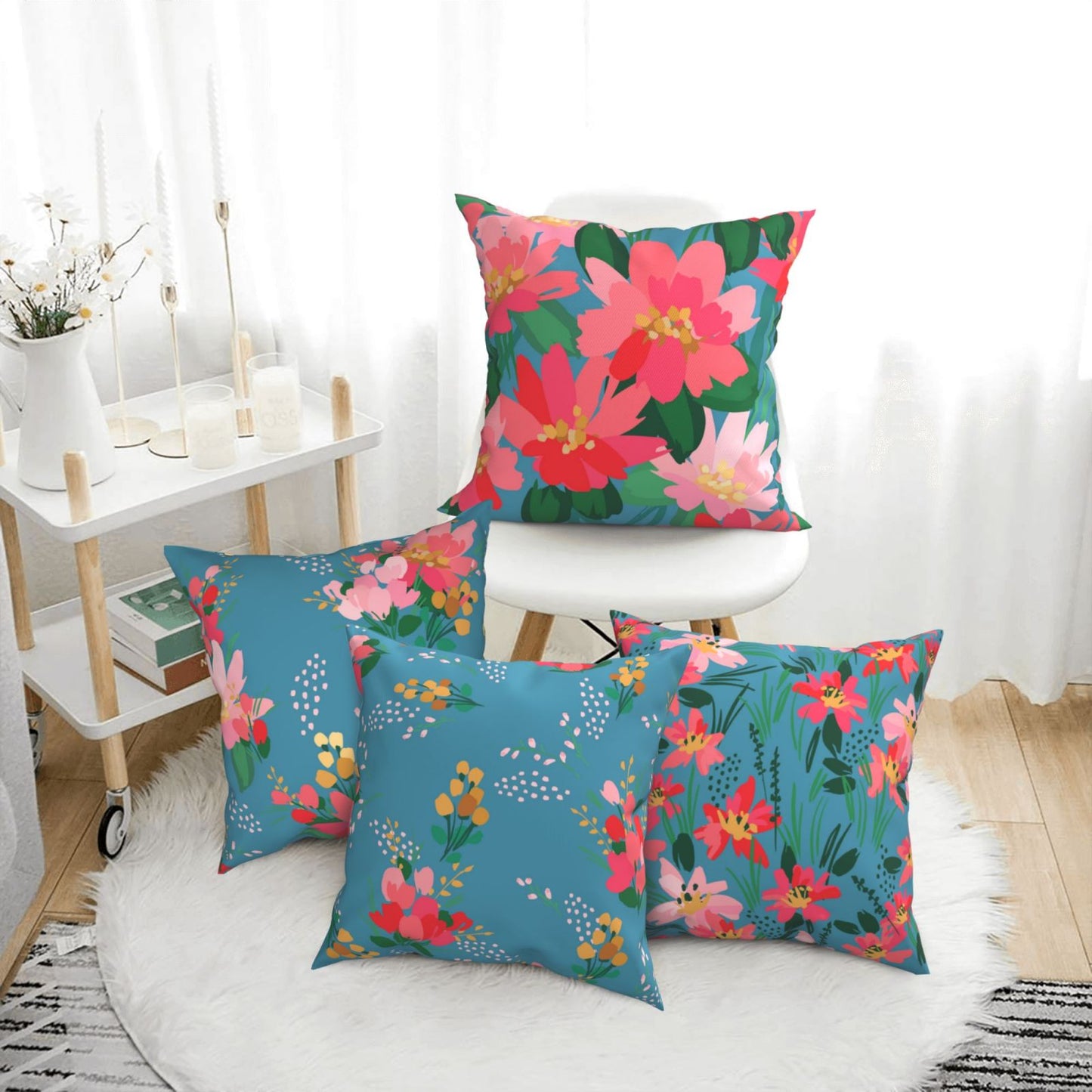 Floral Throw Pillow Covers 18x18 inch Set of 4 Meadow Botanical Decorative Cushion Covers