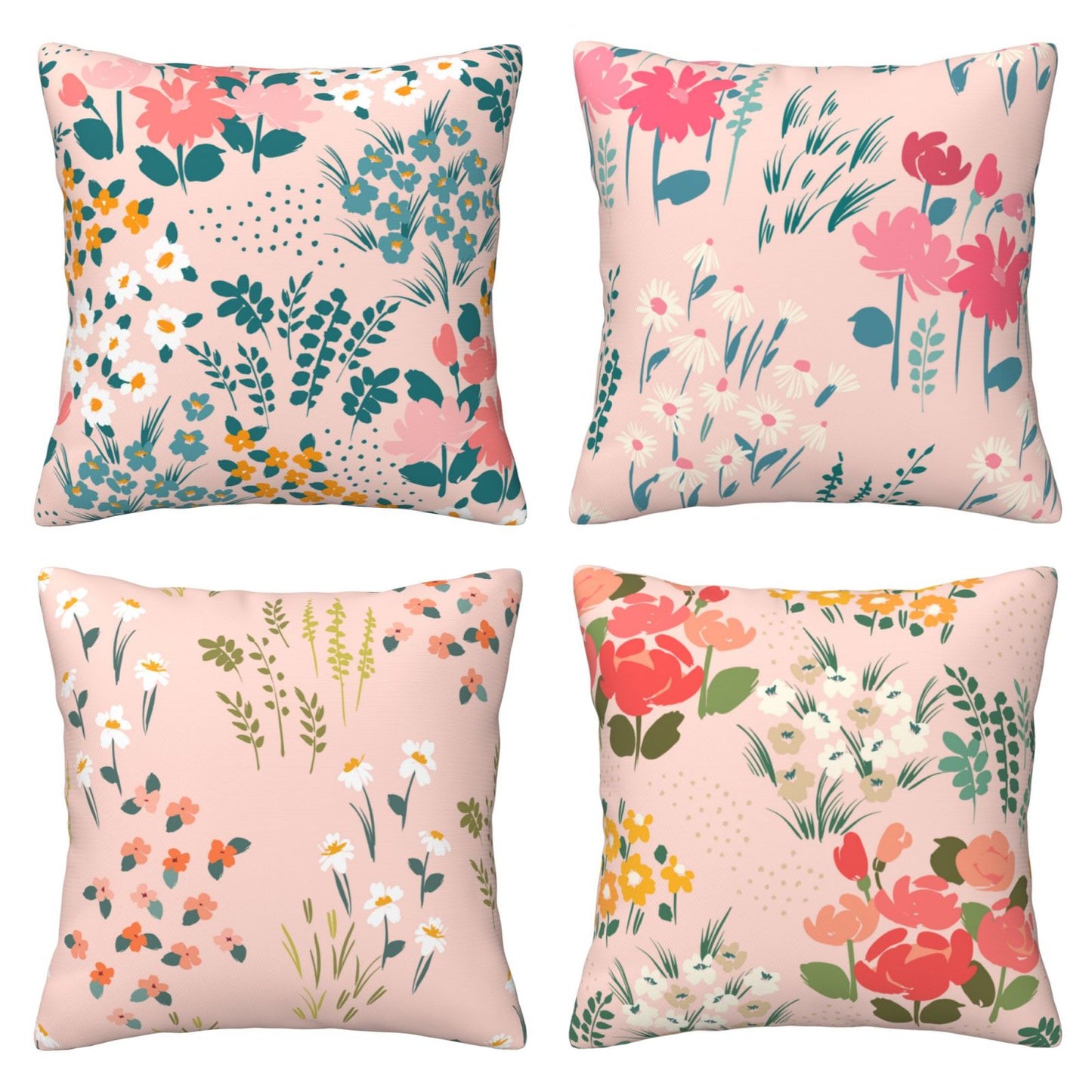 Floral Throw Pillow Covers 18x18 inch Set of 4 Meadow Botanical Decorative Cushion Covers