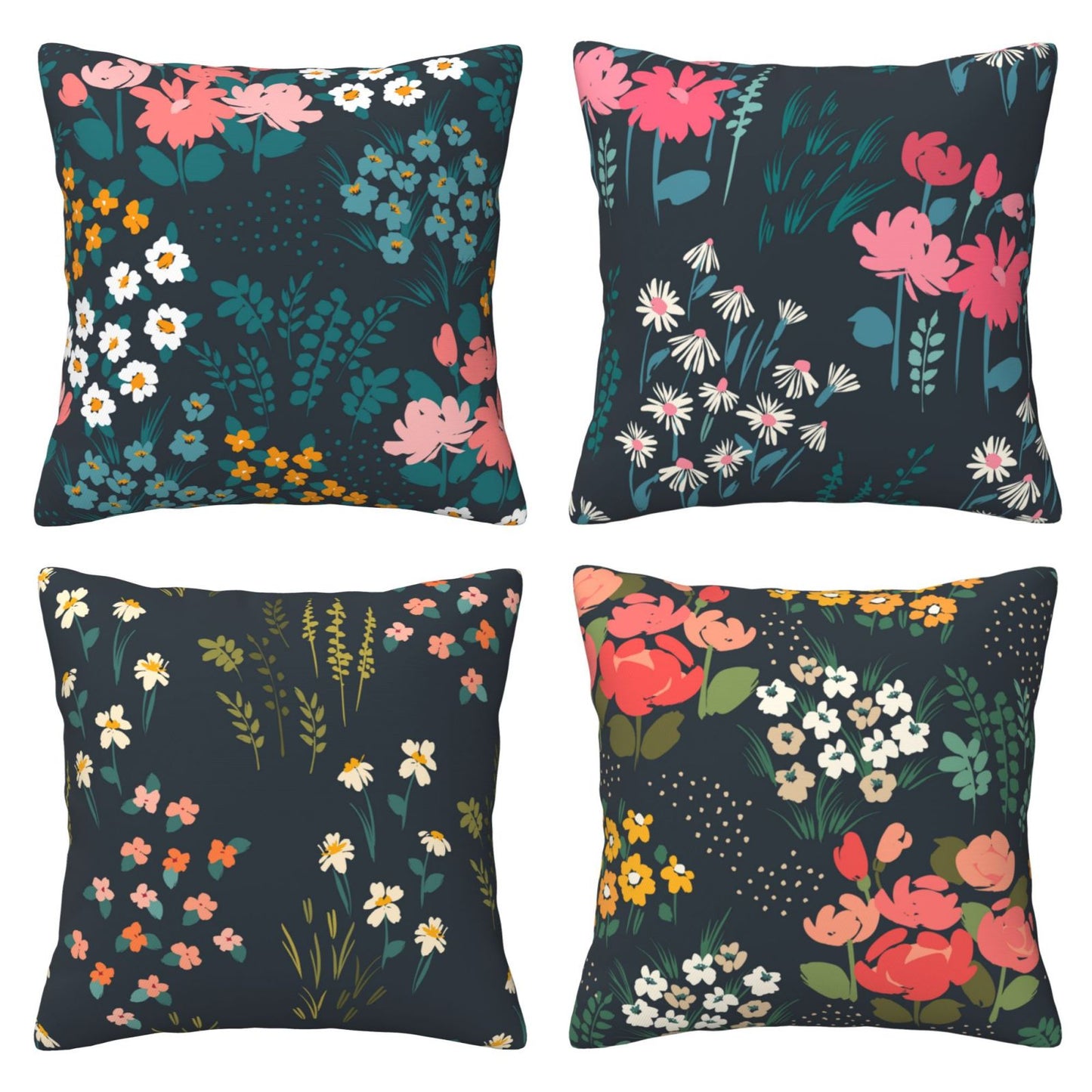 Floral Throw Pillow Covers 18x18 inch Set of 4 Meadow Botanical Decorative Cushion Covers