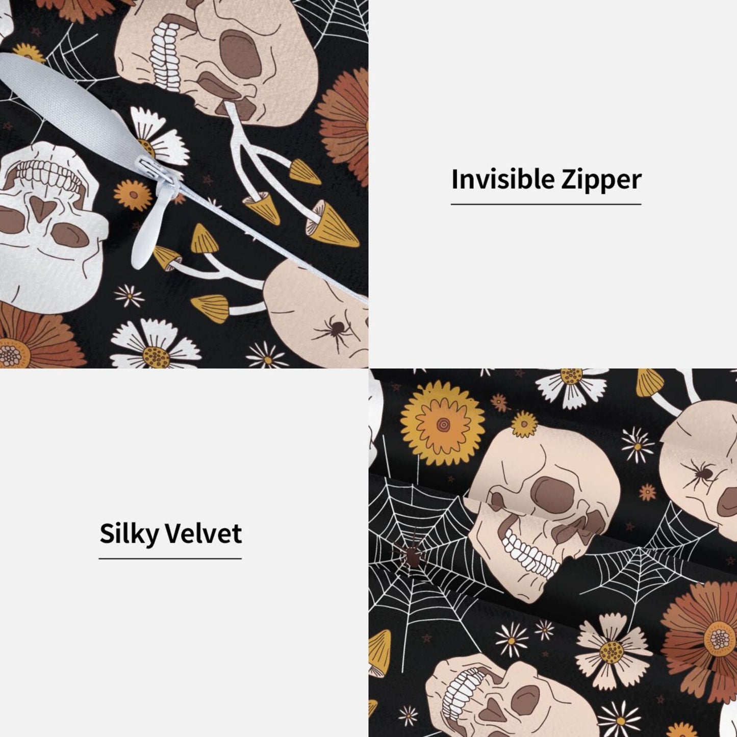 Halloween Themed Throw Pillow Covers 18x18 inch Set of 2 Spooky Skulls Velvet Cushion Covers for Sofa Couch