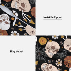Black skull Halloween velvet pillow cover showing soft fabric and hidden zipper