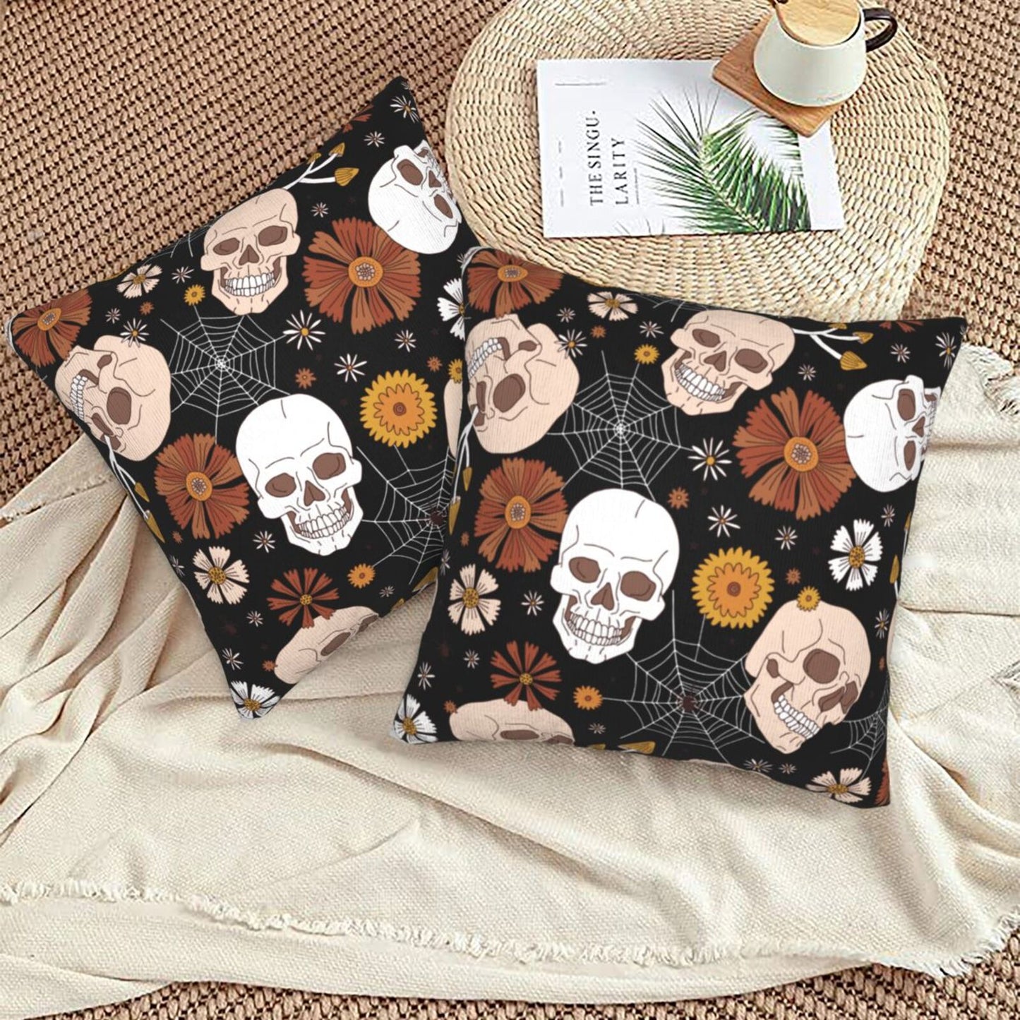 Halloween Themed Throw Pillow Covers 18x18 inch Set of 2 Spooky Skulls Velvet Cushion Covers for Sofa Couch