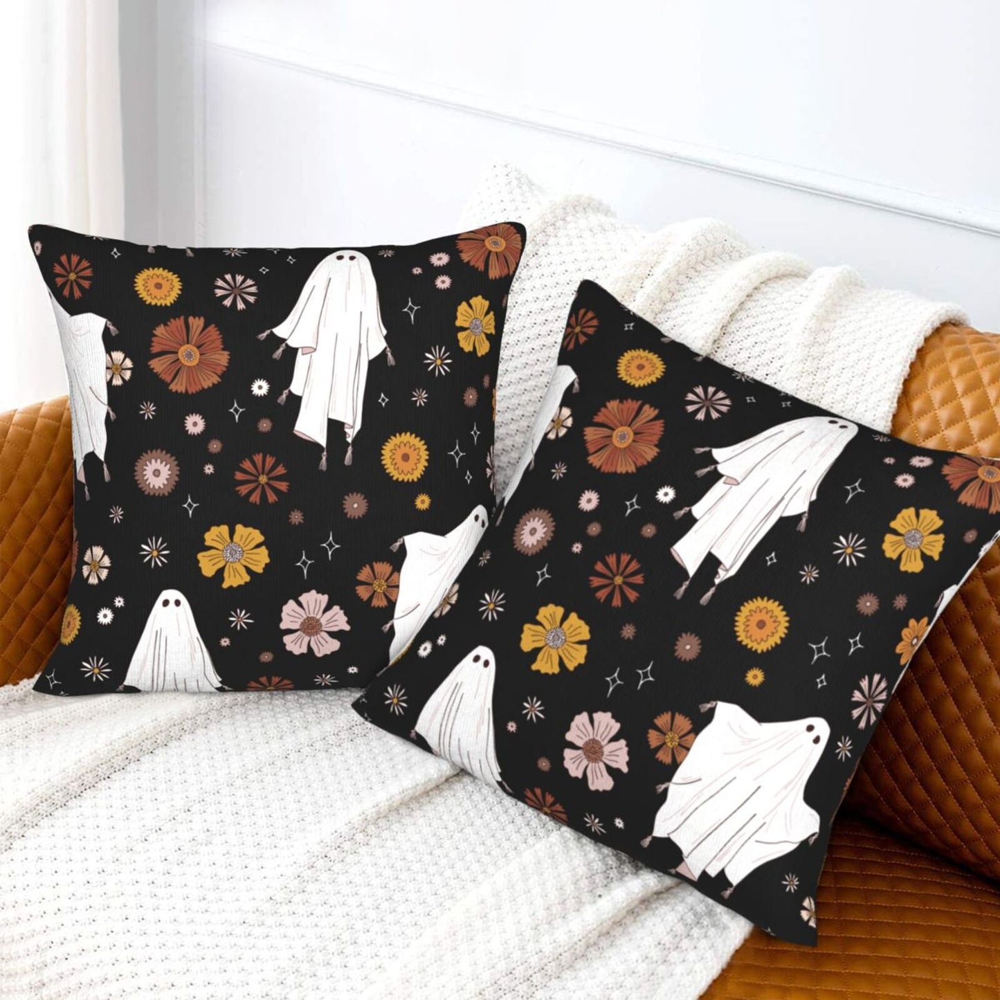 Halloween Themed Throw Pillow Covers 18x18 inch Set of 2 Spooky Skulls Velvet Cushion Covers for Sofa Couch