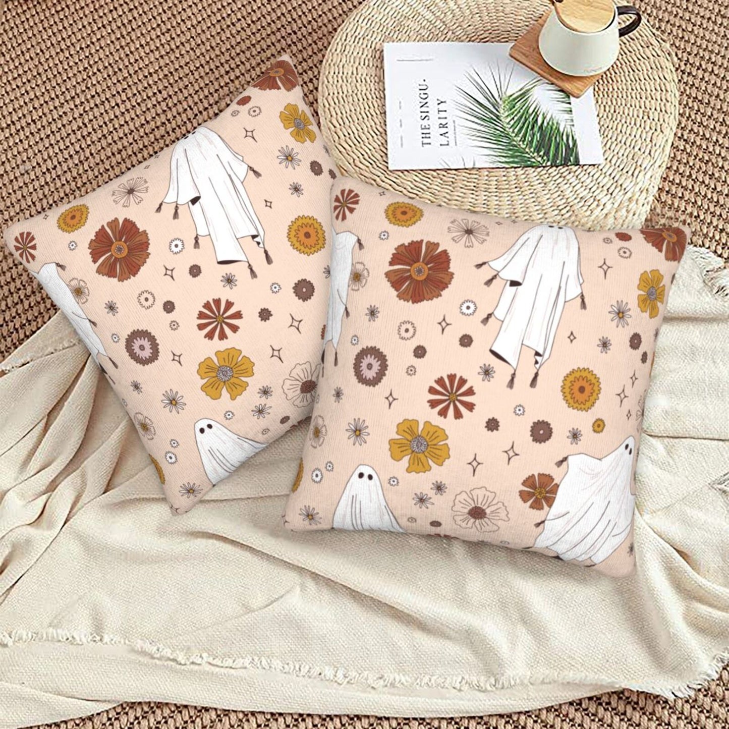 Halloween Themed Throw Pillow Covers 18x18 inch Set of 2 Spooky Skulls Velvet Cushion Covers for Sofa Couch