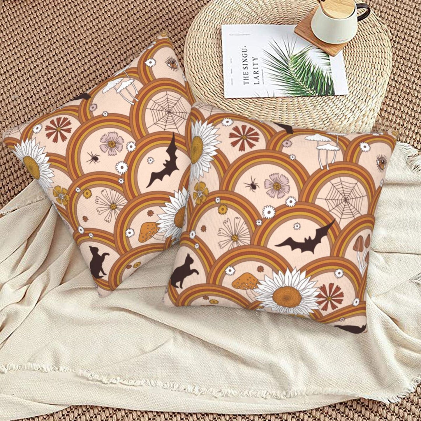 Halloween Themed Throw Pillow Covers 18x18 inch Set of 2 Spooky Skulls Velvet Cushion Covers for Sofa Couch