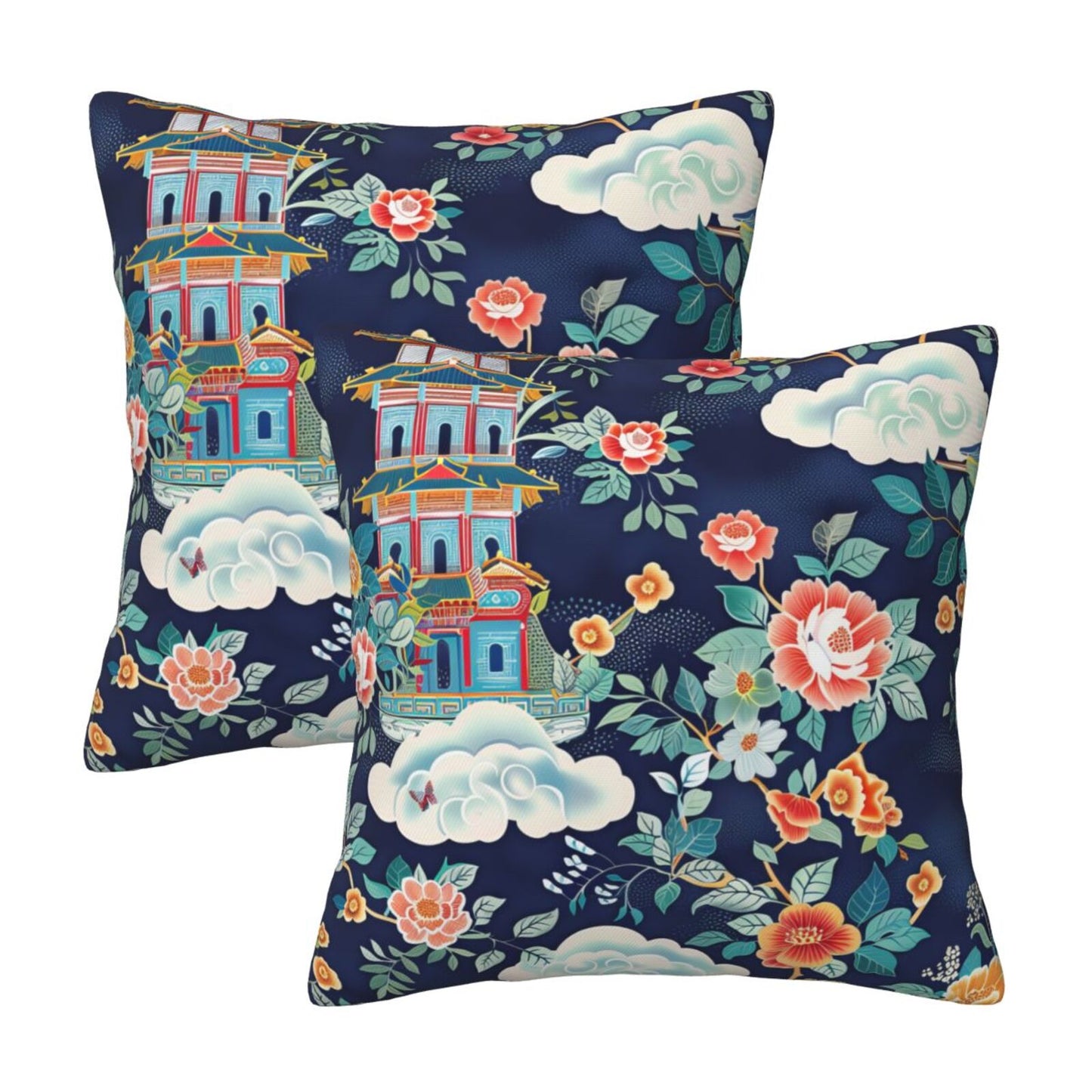 Chinoiserie Throw Pillow Covers 18x18 inch Set of 2 Vintage Floral Pillow Cases Chinese Castle Decorative Cushion Covers