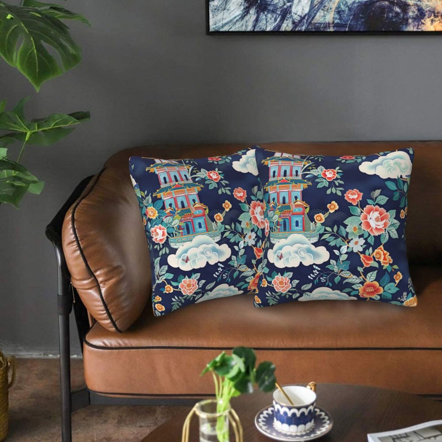 Chinoiserie Throw Pillow Covers 18x18 inch Set of 2 Vintage Floral Pillow Cases Chinese Castle Decorative Cushion Covers