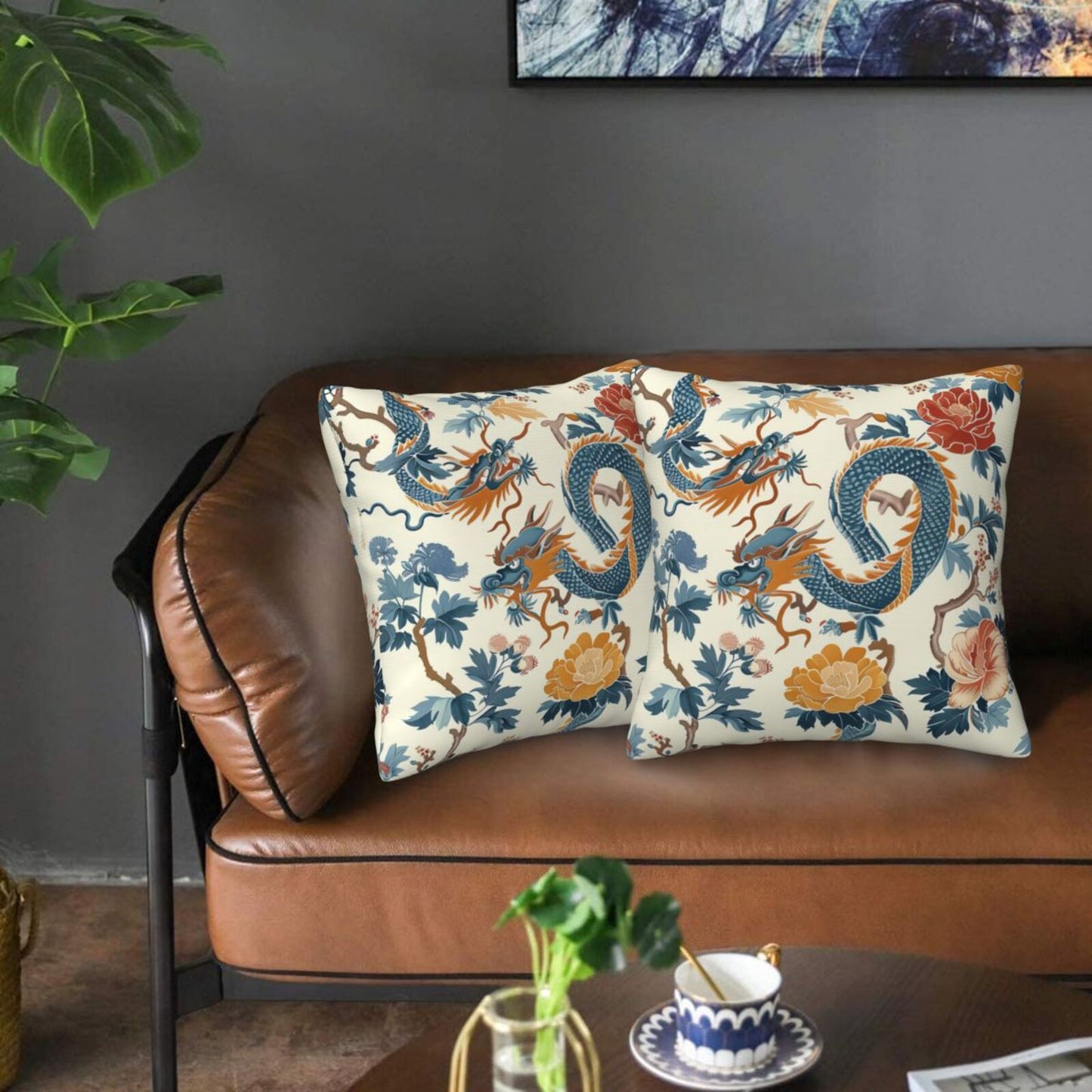 Chinoiserie Throw Pillow Covers 18x18 inch Set of 2 Vintage Floral Pillow Cases Chinese Castle Decorative Cushion Covers