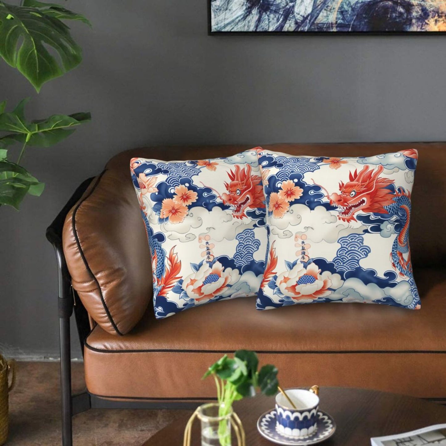 Chinoiserie Throw Pillow Covers 18x18 inch Set of 2 Vintage Floral Pillow Cases Chinese Castle Decorative Cushion Covers