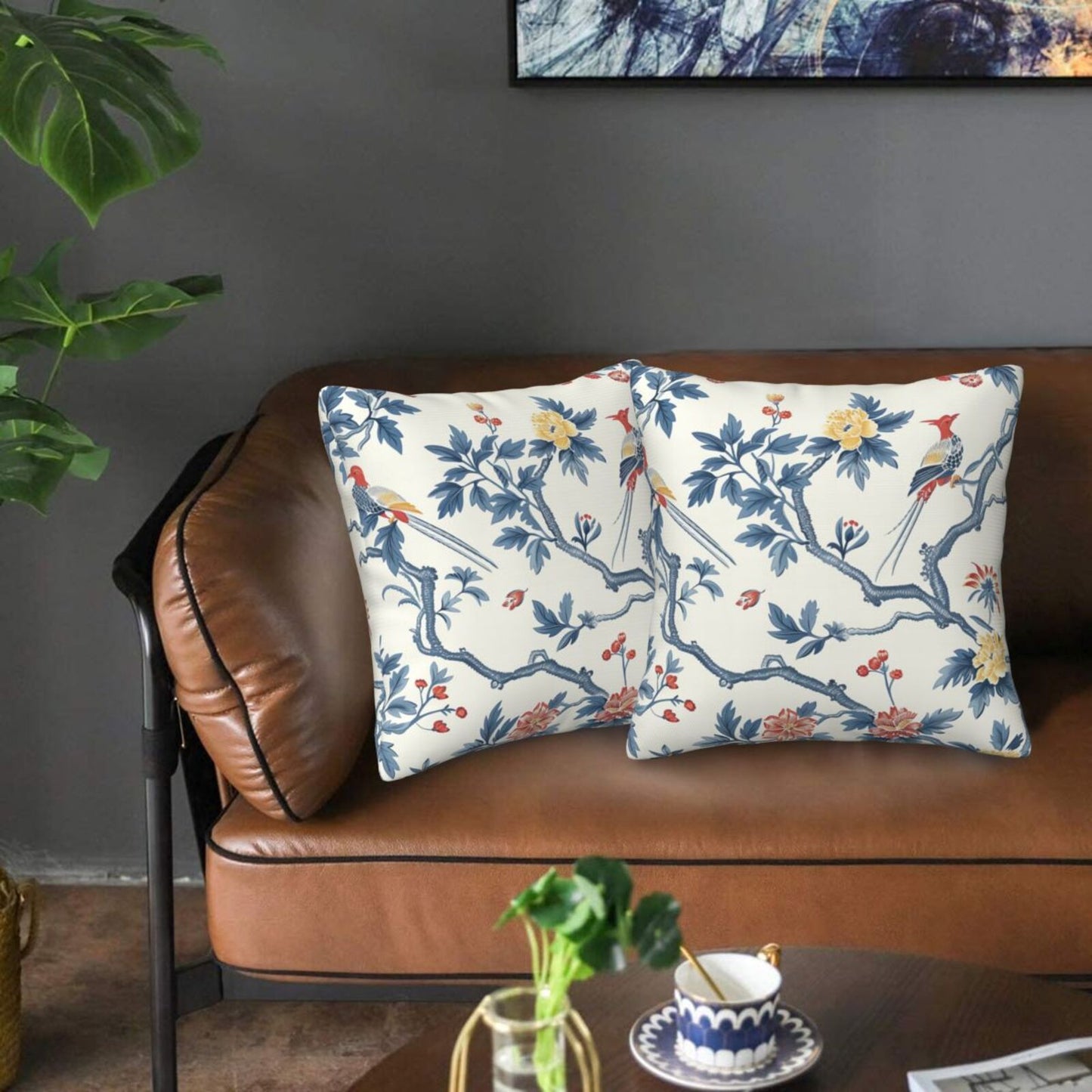 Chinoiserie Throw Pillow Covers 18x18 inch Set of 2 Vintage Floral Pillow Cases Chinese Castle Decorative Cushion Covers