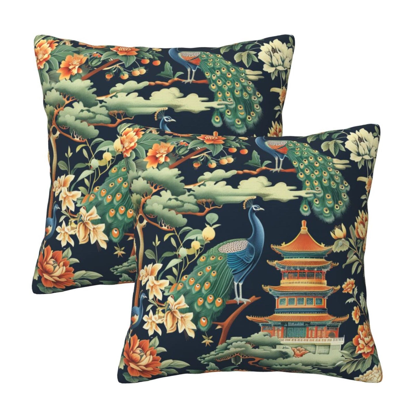 Chinoiserie Throw Pillow Covers 18x18 inch Set of 2 Vintage Floral Pillow Cases Chinese Castle Decorative Cushion Covers