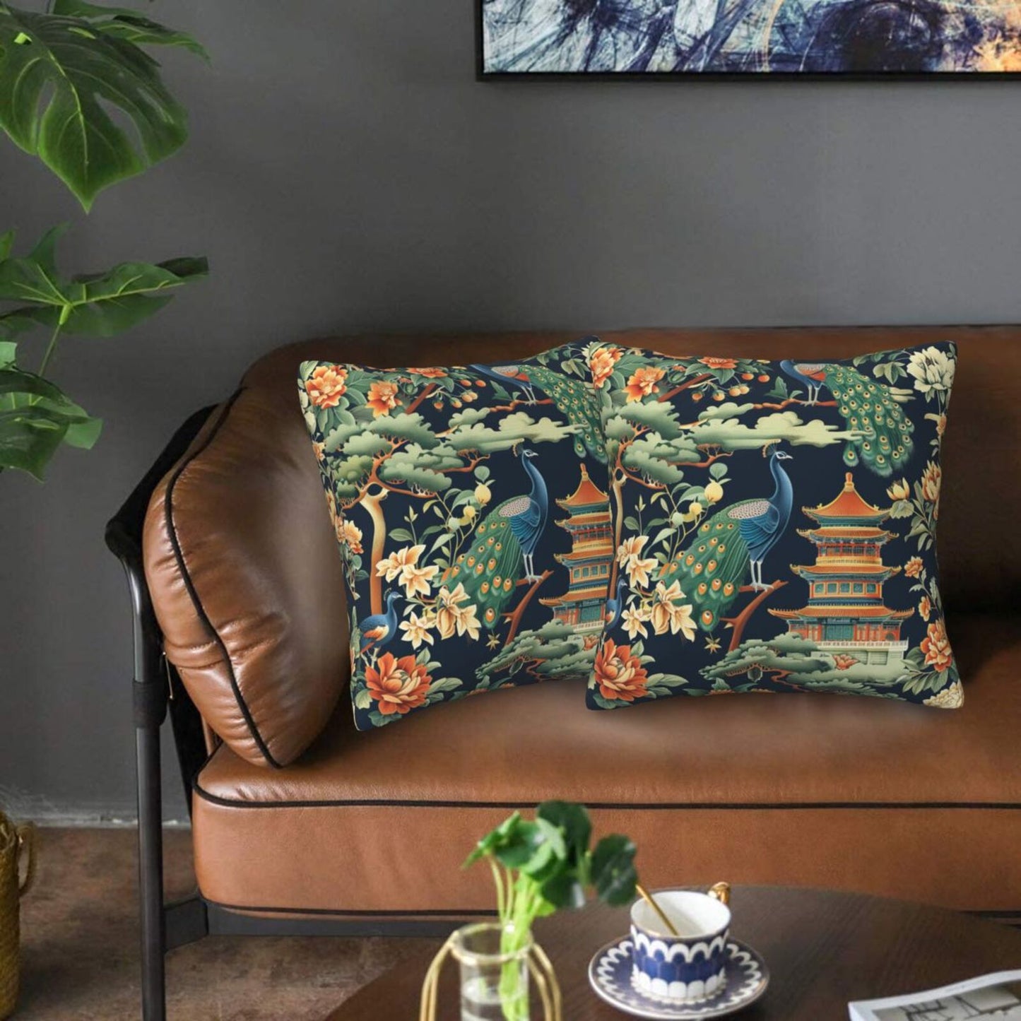 Chinoiserie Throw Pillow Covers 18x18 inch Set of 2 Vintage Floral Pillow Cases Chinese Castle Decorative Cushion Covers