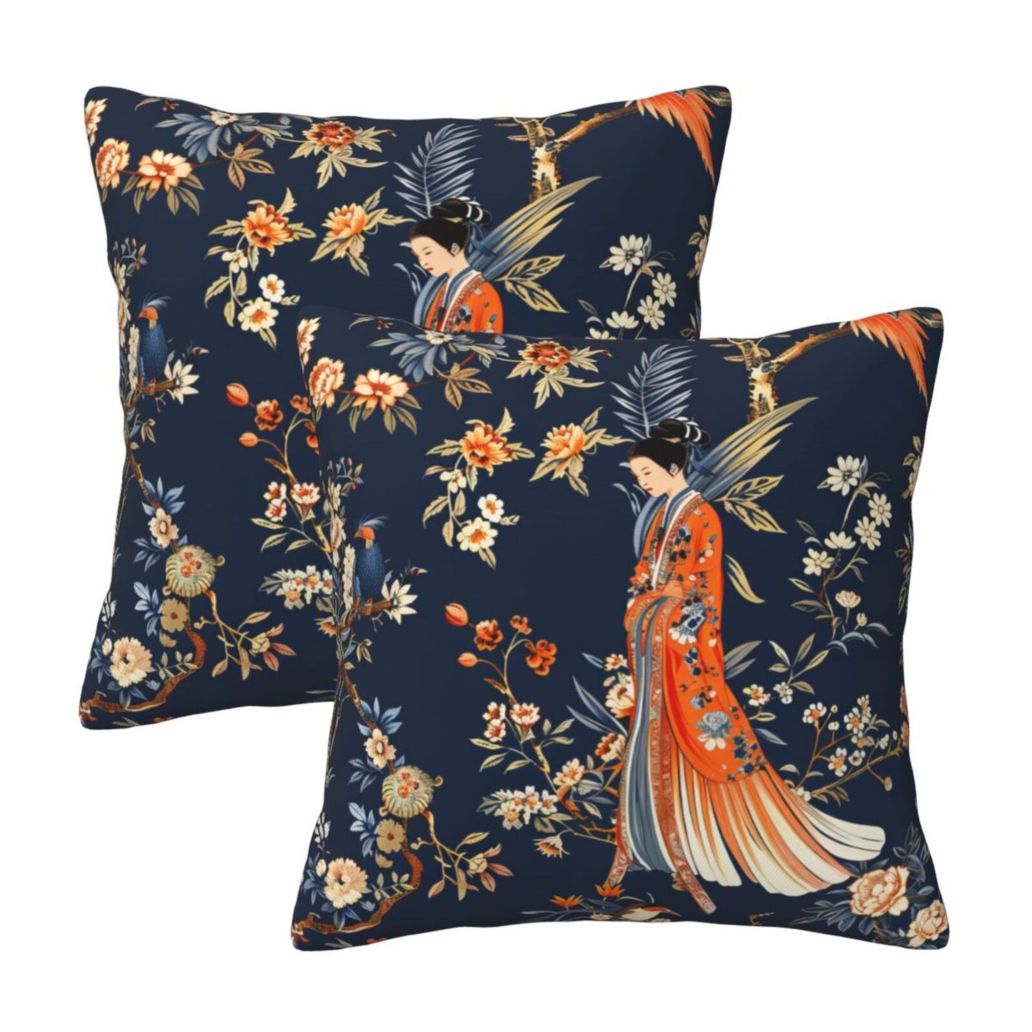 Chinoiserie Throw Pillow Covers 18x18 inch Set of 2 Vintage Floral Pillow Cases Chinese Castle Decorative Cushion Covers