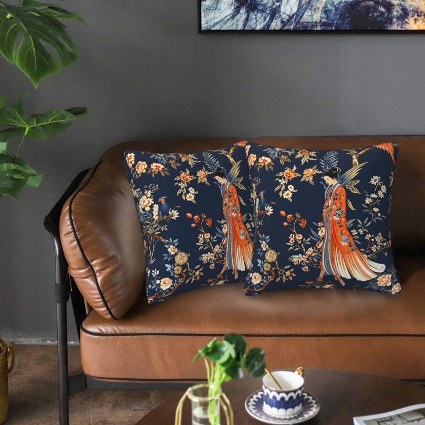 Chinoiserie Throw Pillow Covers 18x18 inch Set of 2 Vintage Floral Pillow Cases Chinese Castle Decorative Cushion Covers