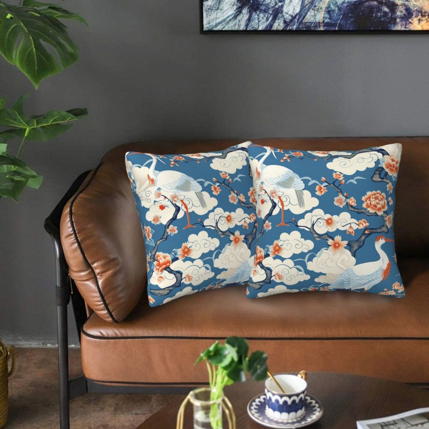 Chinoiserie Throw Pillow Covers 18x18 inch Set of 2 Vintage Floral Pillow Cases Chinese Castle Decorative Cushion Covers