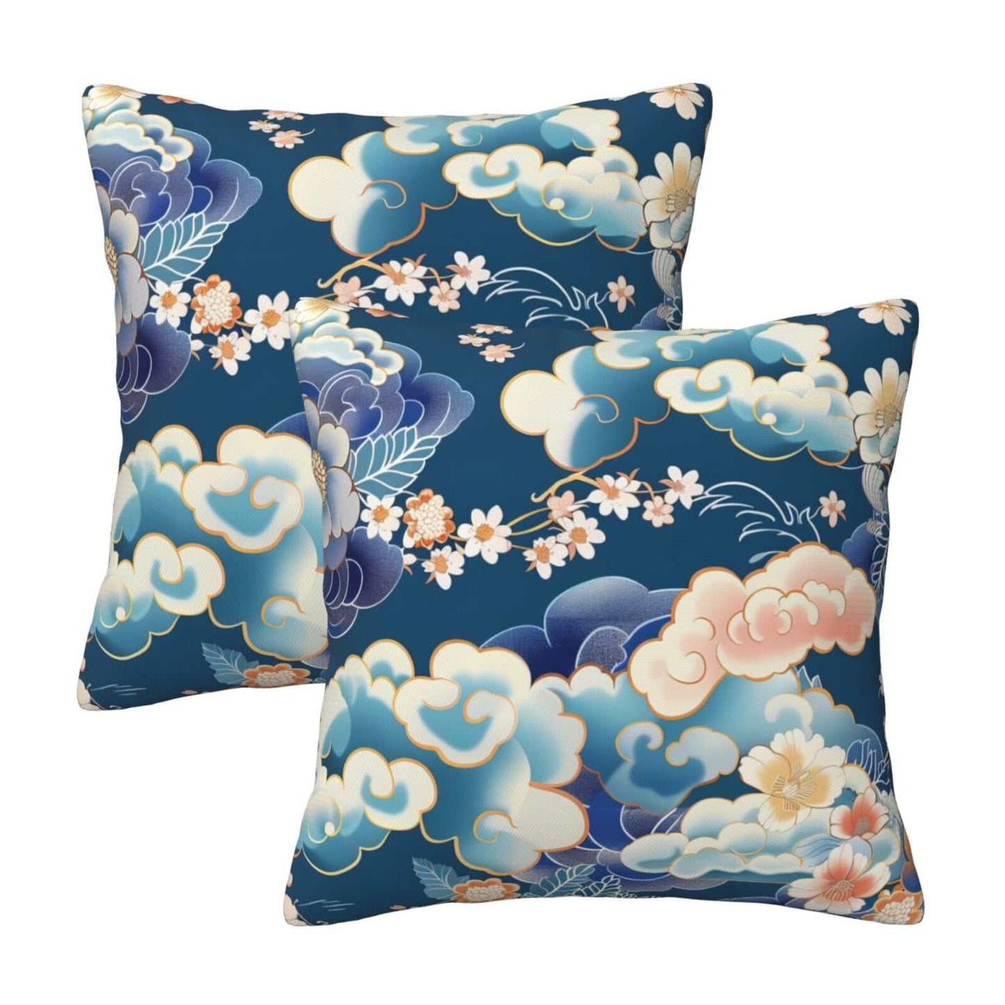 Chinoiserie Throw Pillow Covers 18x18 inch Set of 2 Vintage Floral Pillow Cases Chinese Castle Decorative Cushion Covers