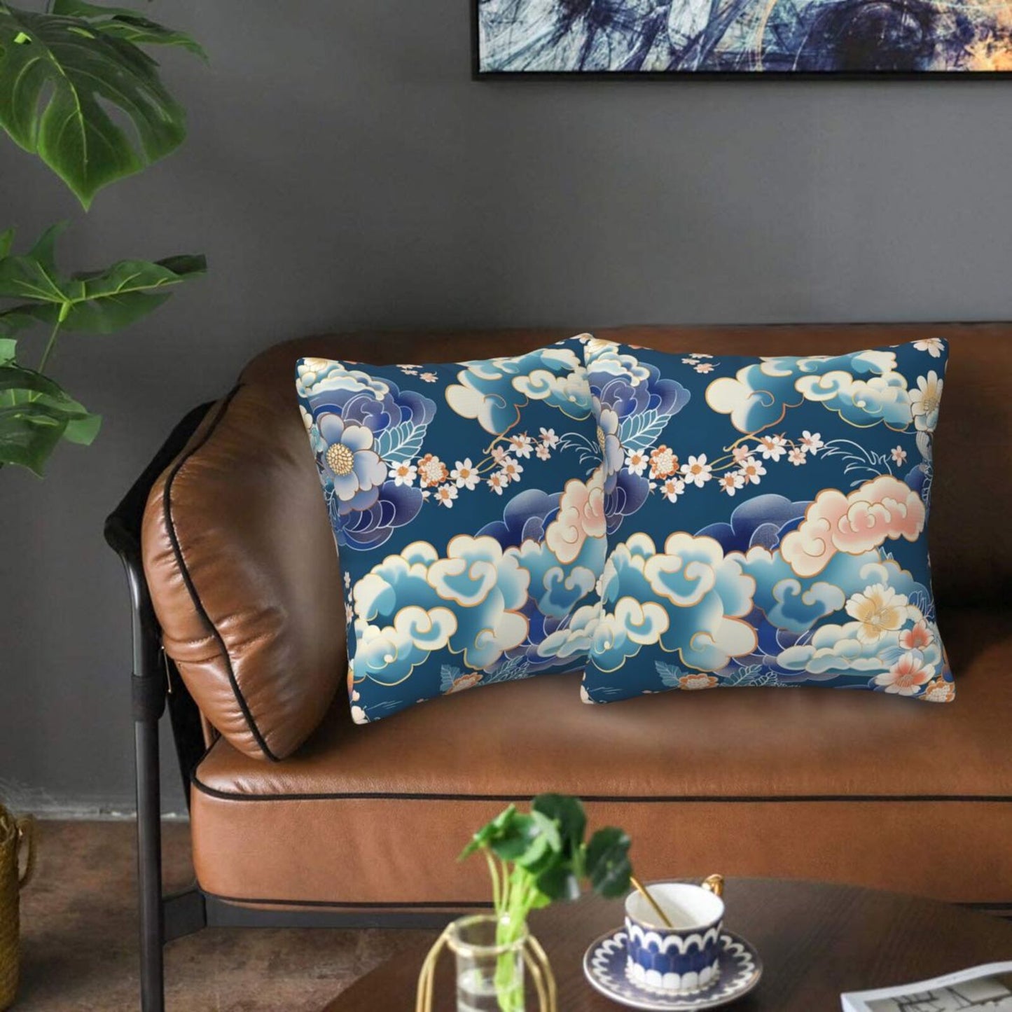 Chinoiserie Throw Pillow Covers 18x18 inch Set of 2 Vintage Floral Pillow Cases Chinese Castle Decorative Cushion Covers