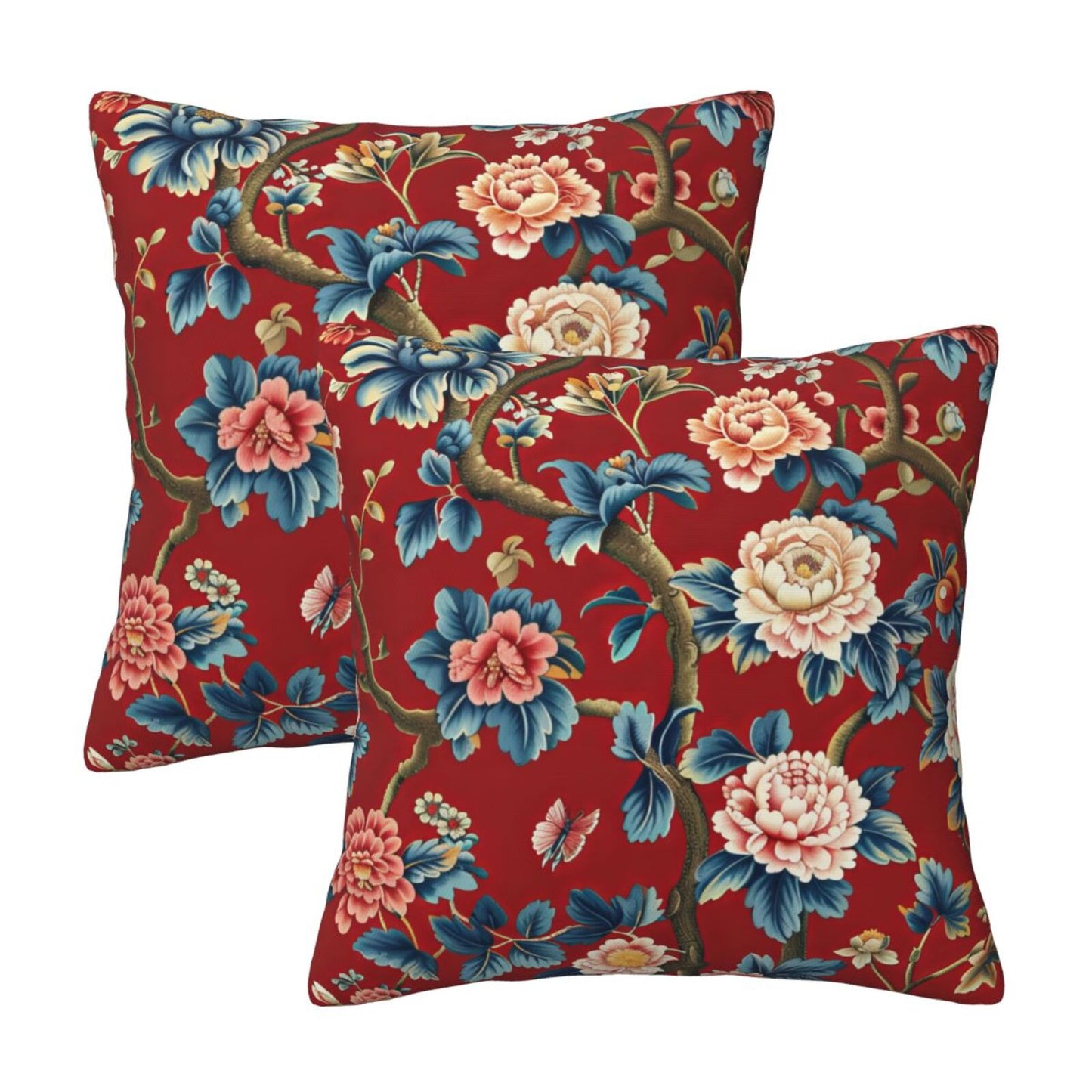 Chinoiserie Throw Pillow Covers 18x18 inch Set of 2 Vintage Floral Pillow Cases Chinese Castle Decorative Cushion Covers