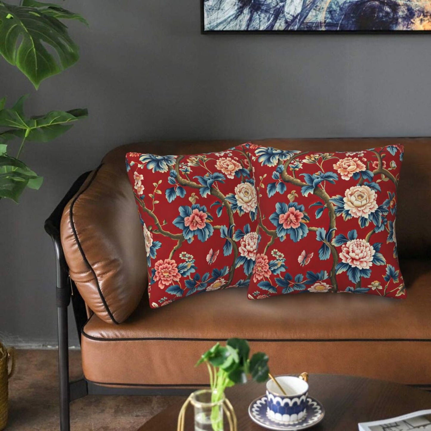 Chinoiserie Throw Pillow Covers 18x18 inch Set of 2 Vintage Floral Pillow Cases Chinese Castle Decorative Cushion Covers