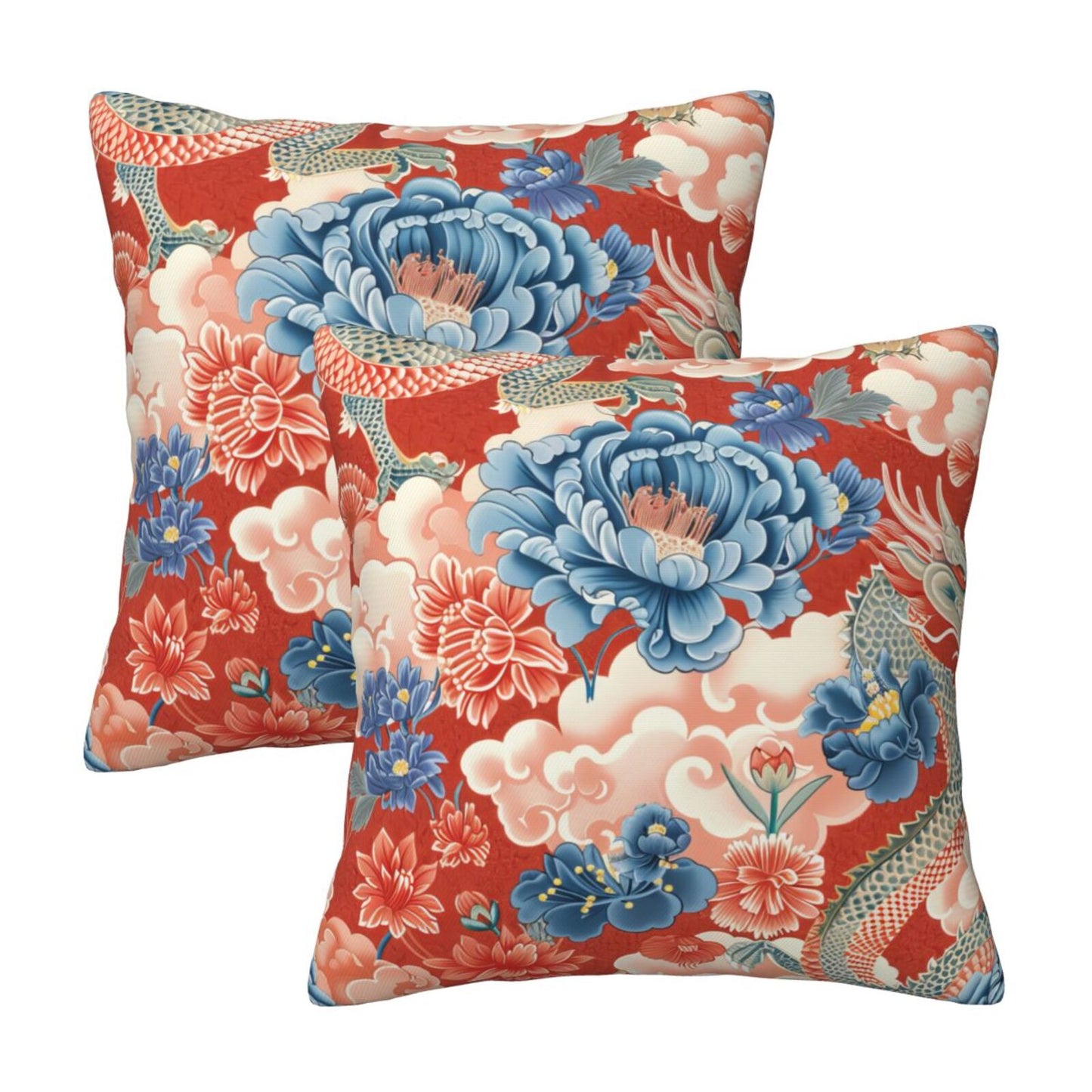 Chinoiserie Throw Pillow Covers 18x18 inch Set of 2 Vintage Floral Pillow Cases Chinese Castle Decorative Cushion Covers