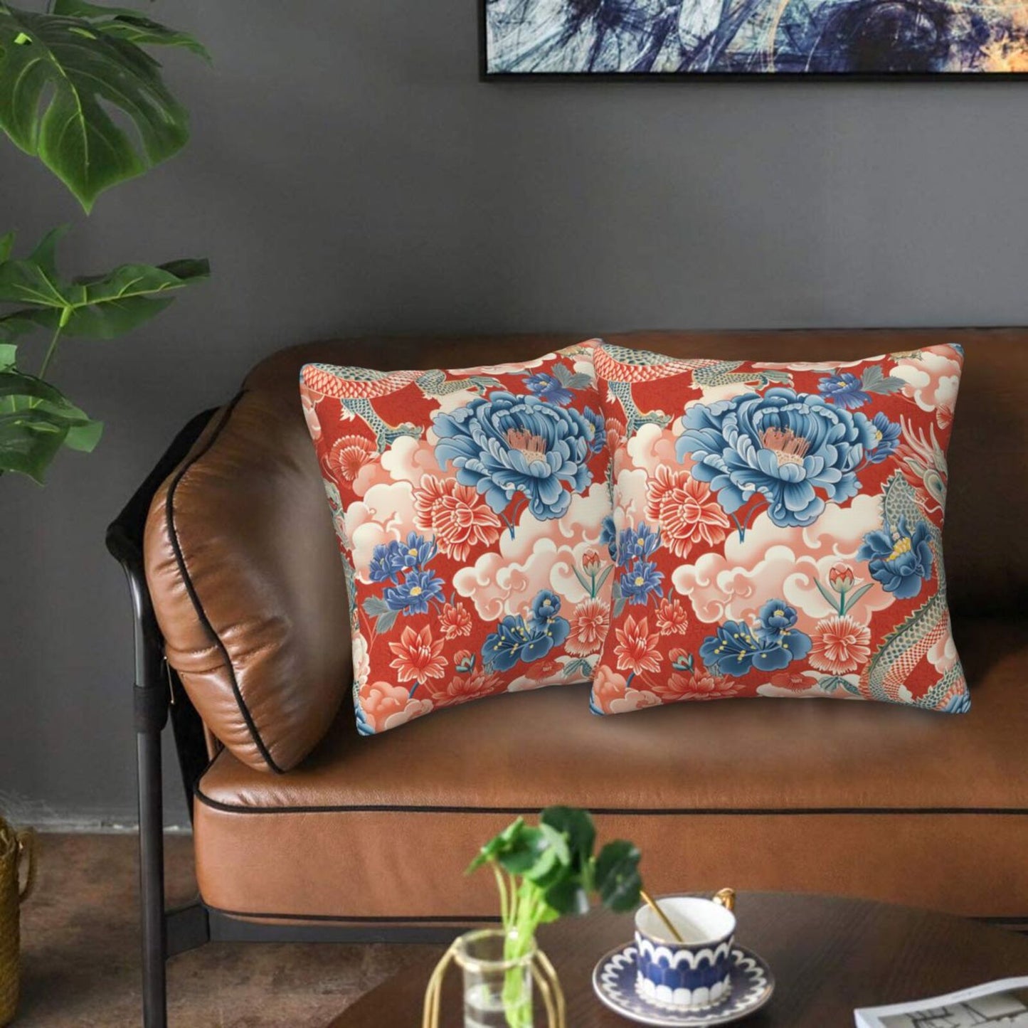 Chinoiserie Throw Pillow Covers 18x18 inch Set of 2 Vintage Floral Pillow Cases Chinese Castle Decorative Cushion Covers