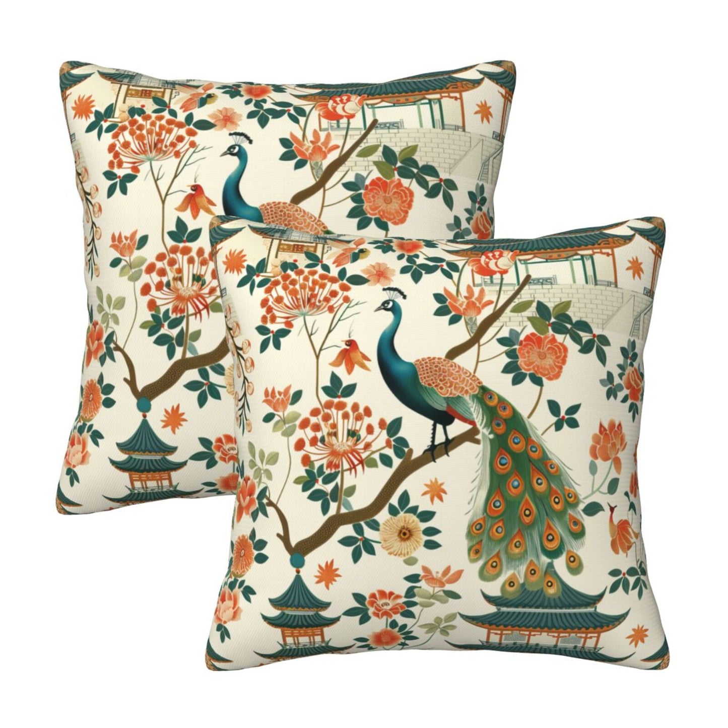Chinoiserie Throw Pillow Covers 18x18 inch Set of 2 Vintage Floral Pillow Cases Chinese Castle Decorative Cushion Covers