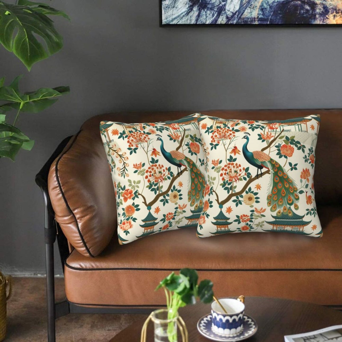 Chinoiserie Throw Pillow Covers 18x18 inch Set of 2 Vintage Floral Pillow Cases Chinese Castle Decorative Cushion Covers
