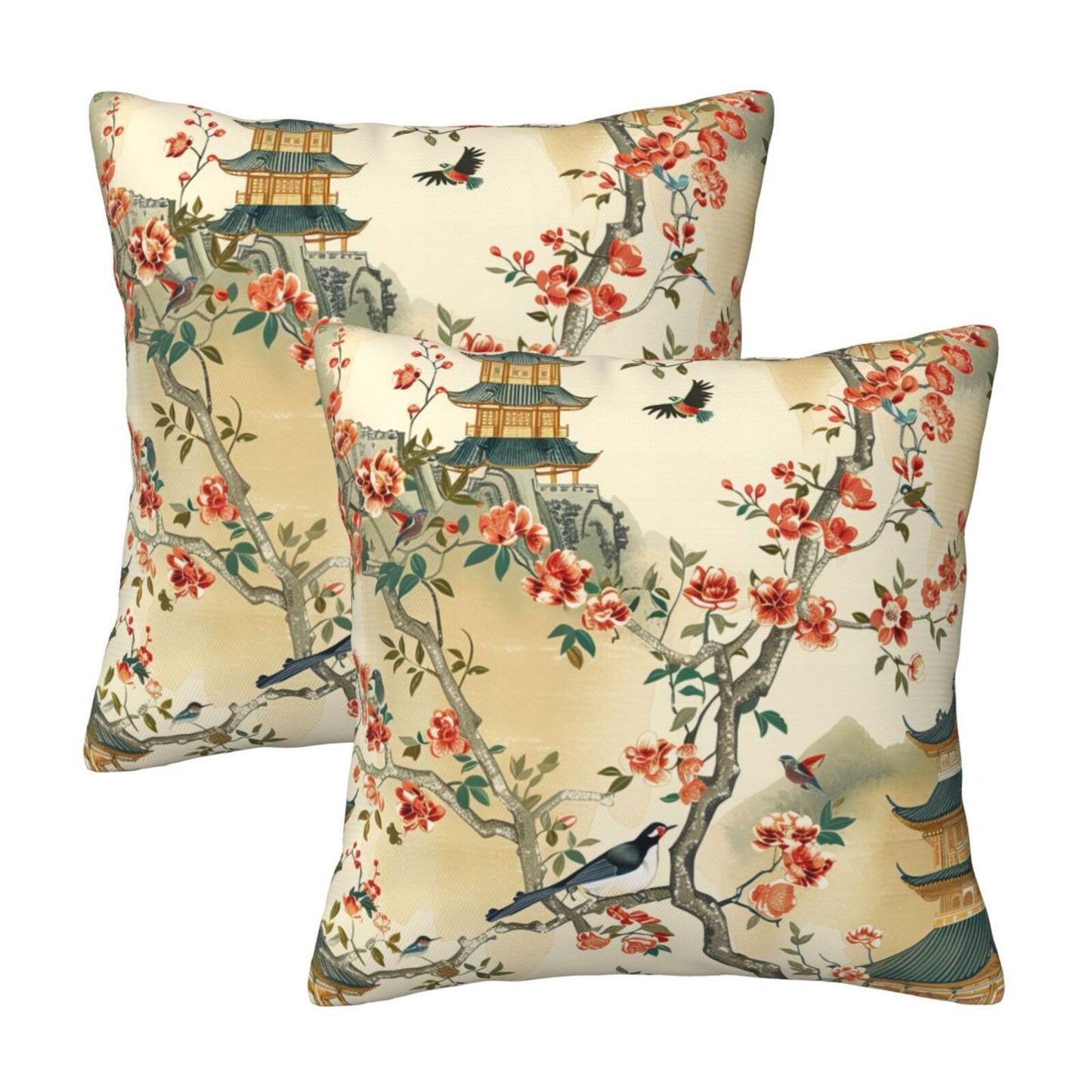Chinoiserie Throw Pillow Covers 18x18 inch Set of 2 Vintage Floral Pillow Cases Chinese Castle Decorative Cushion Covers