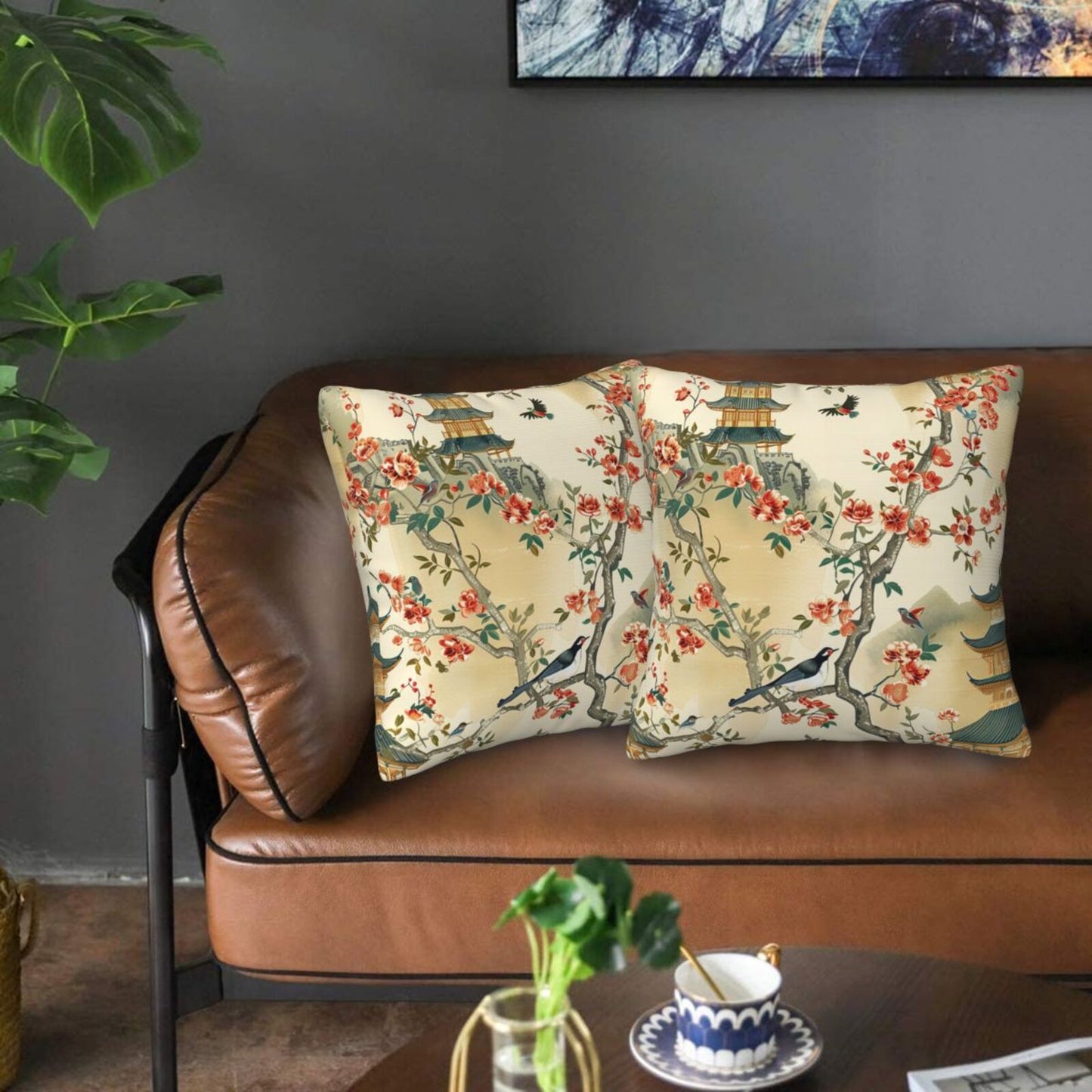 Chinoiserie Throw Pillow Covers 18x18 inch Set of 2 Vintage Floral Pillow Cases Chinese Castle Decorative Cushion Covers