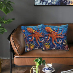 Velvet coastal pillow covers with octopuses and sea plants, styled in a living room