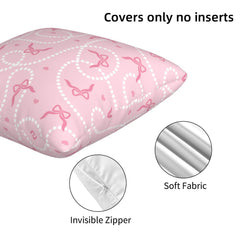 Hidden zipper and velvet detail on a pillow cover with pearl strands and small bows on pink