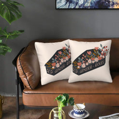 Velvet pillow covers with gender equality floral gravestone design, styled in a living room