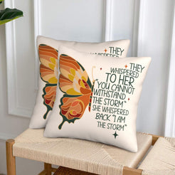Velvet pillow covers with weathering the storm butterfly quote, styled in a living room
