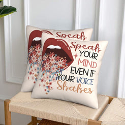Velvet pillow covers with speak your mind floral quote, styled in a living room